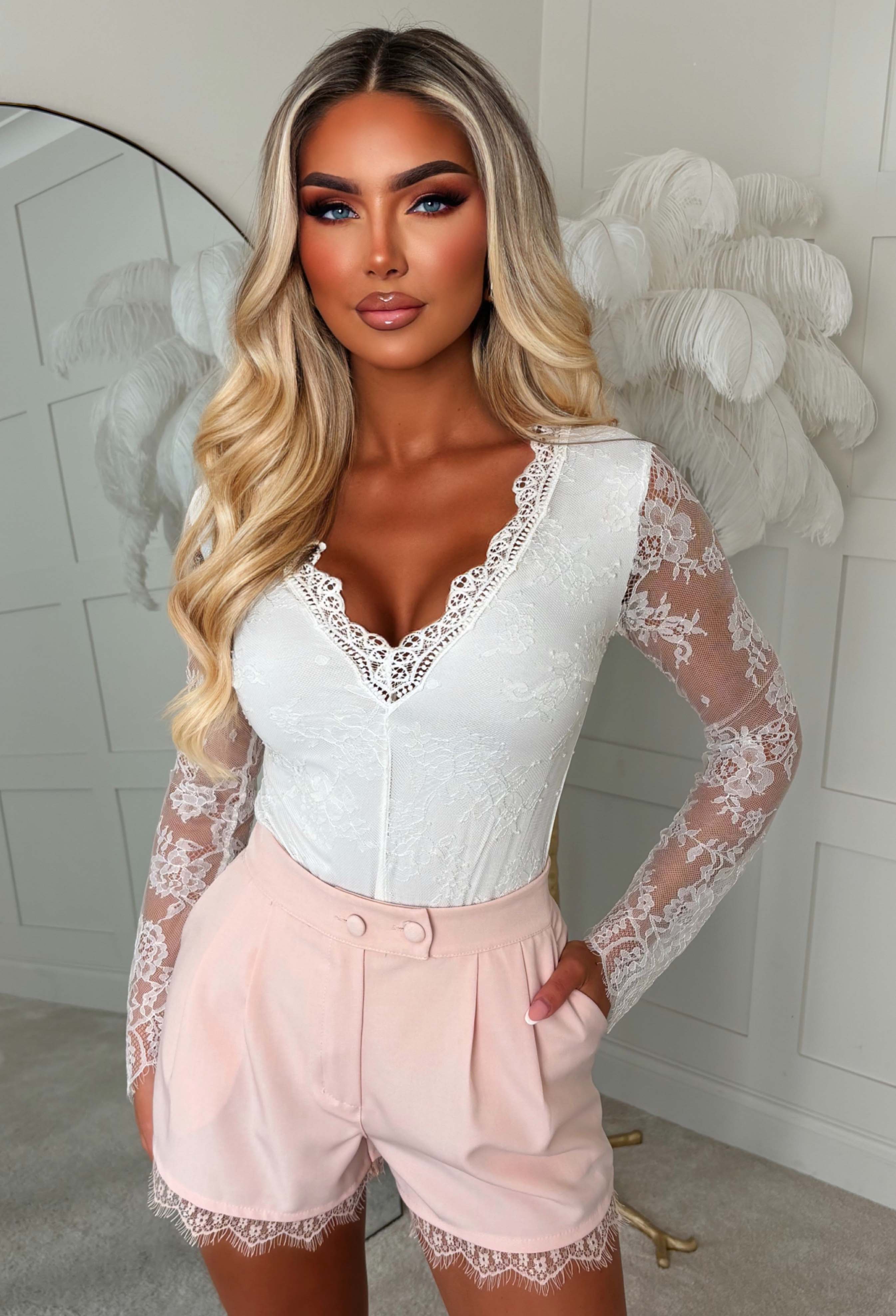 In The Spotlight Pink Lace Trim Detail Tailored Shorts