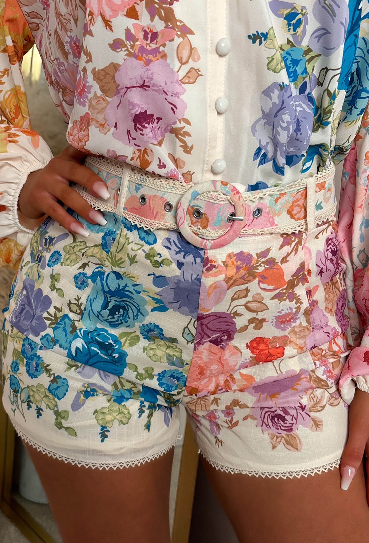 Infinite Bliss Multi Floral Print Belted Shorts