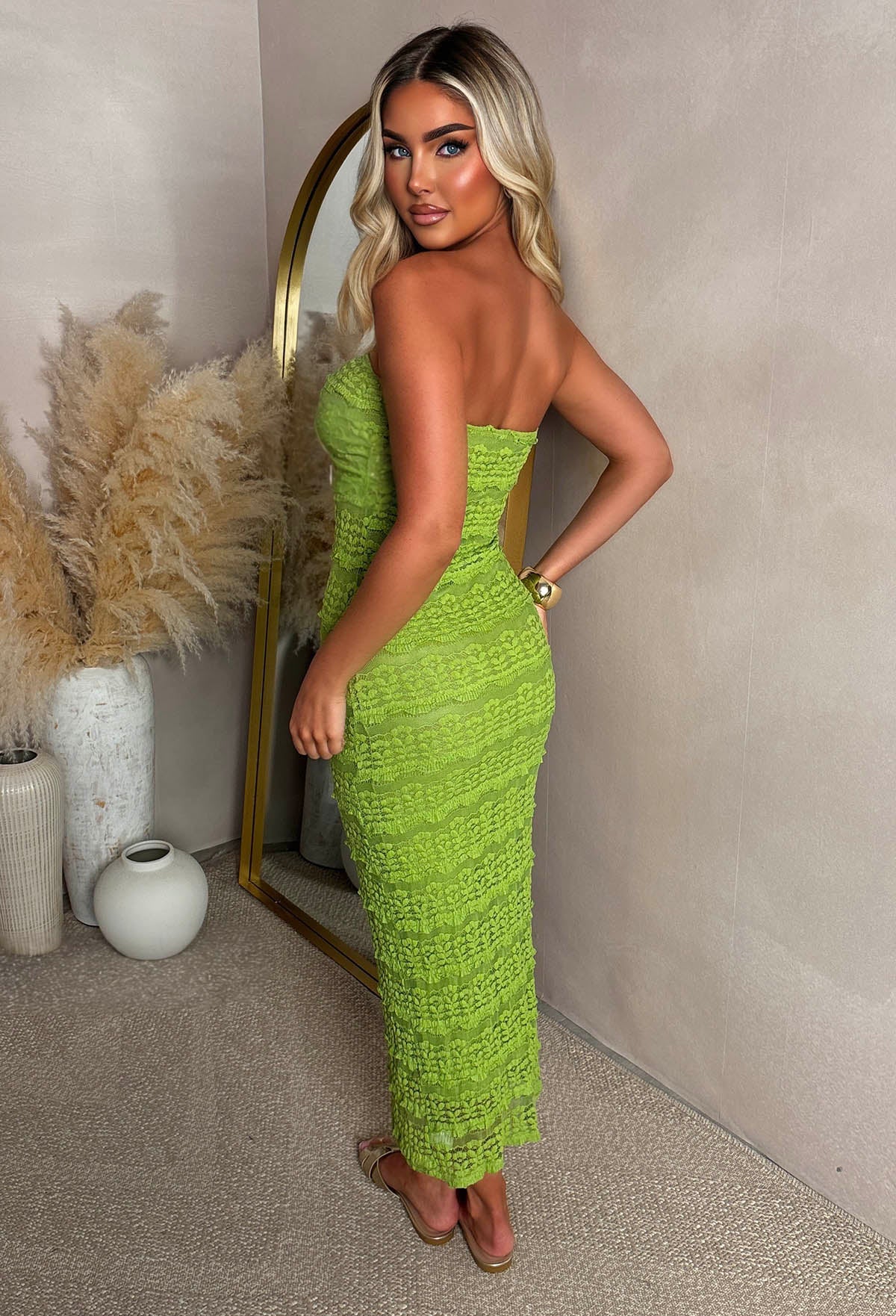 Green Shell Detail Lace Bandeau Stretch Maxi Dress Full Length Back View