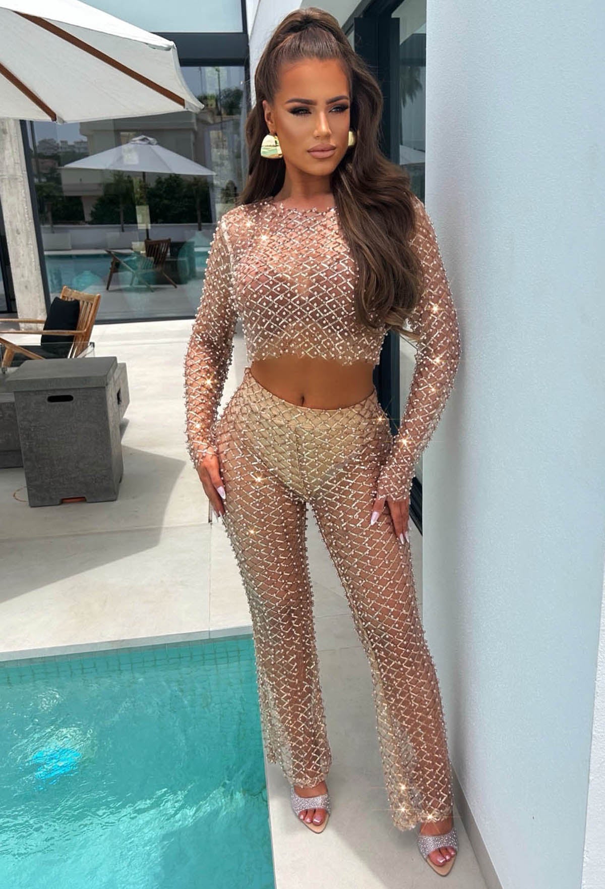 It Girl Moments Rose Gold Sequin Pearl Mesh Trousers