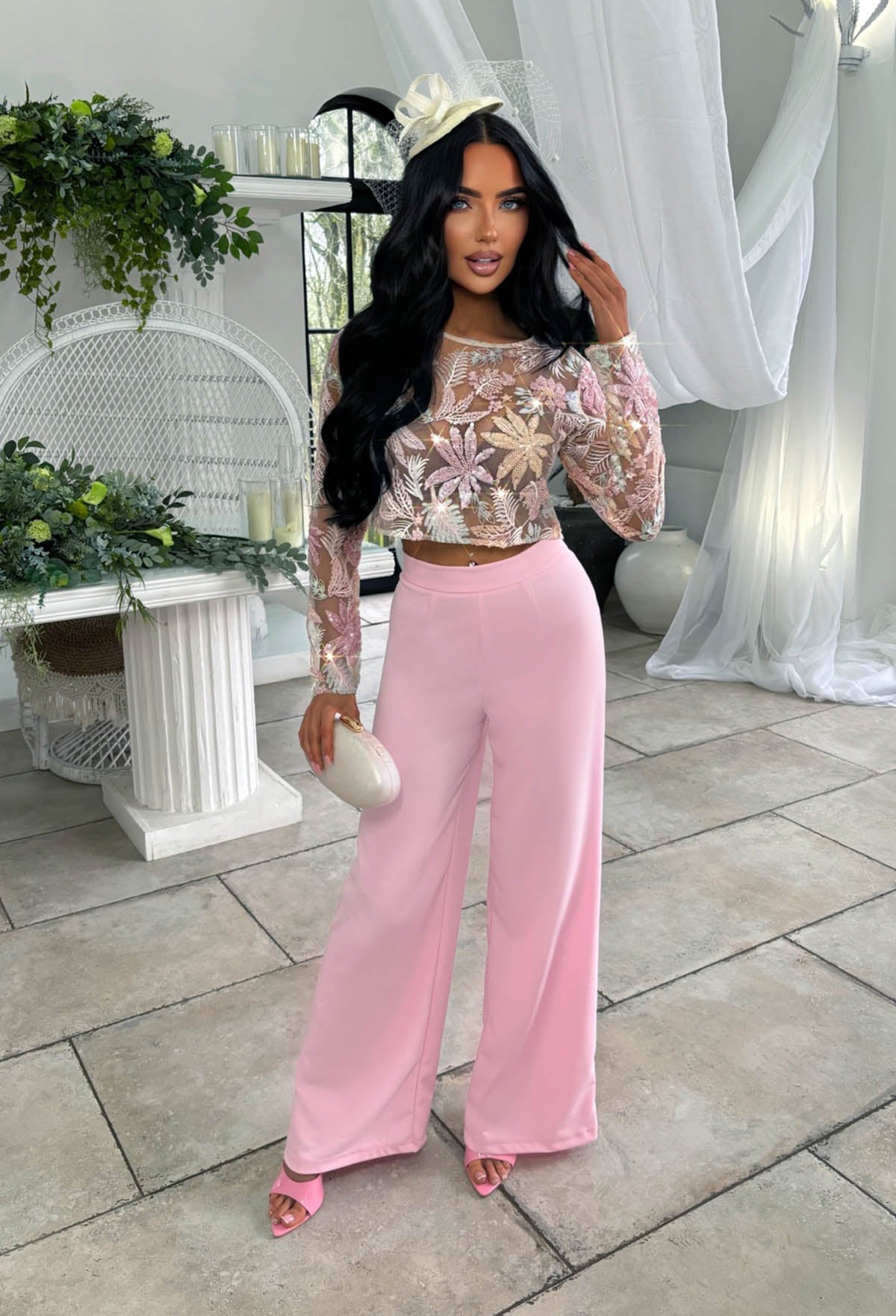 It Girl Season Pink Floral Mesh Sequin Top