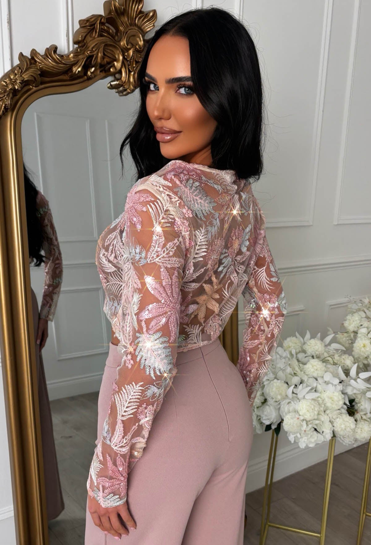 It Girl Season Pink Floral Mesh Sequin Top