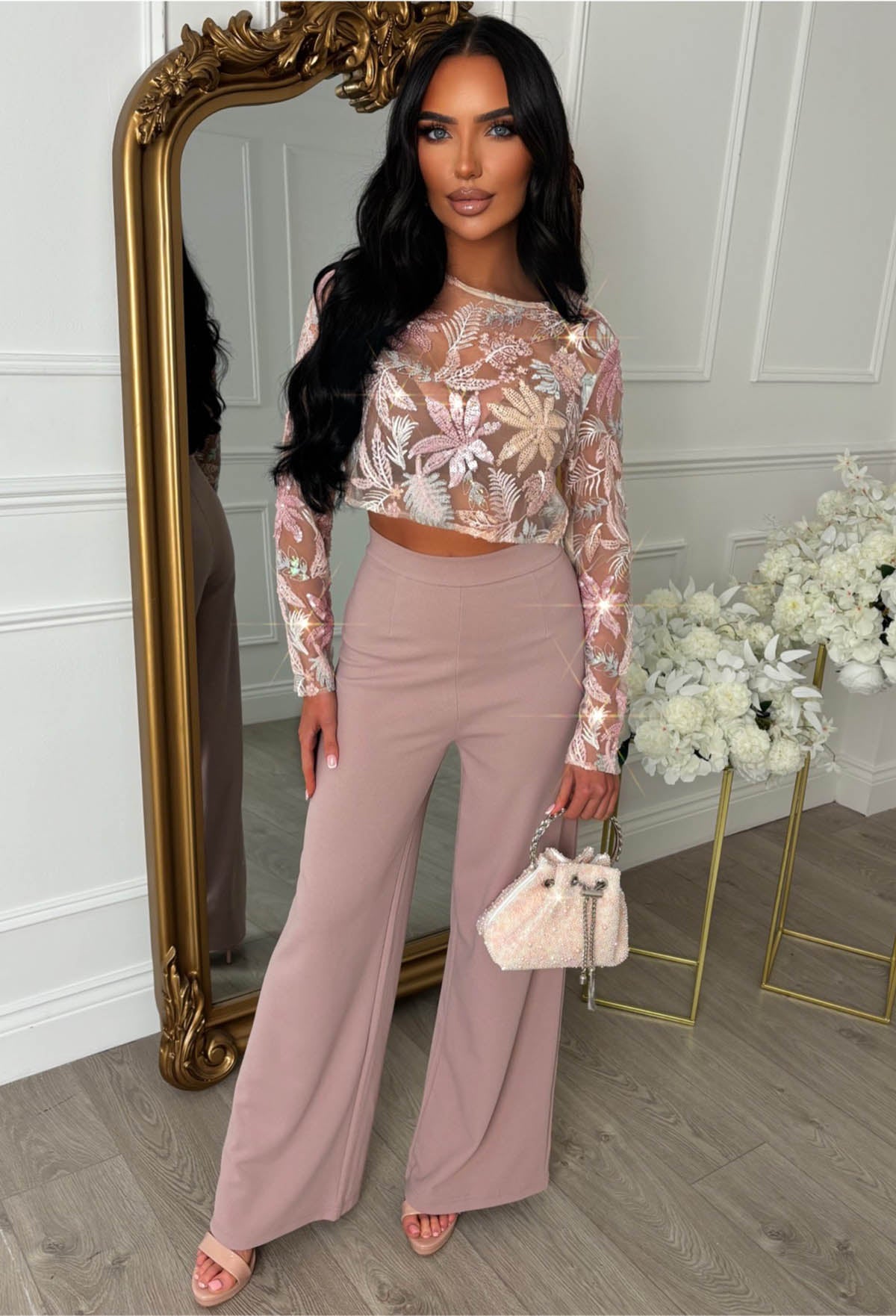 It Girl Season Pink Floral Mesh Sequin Top