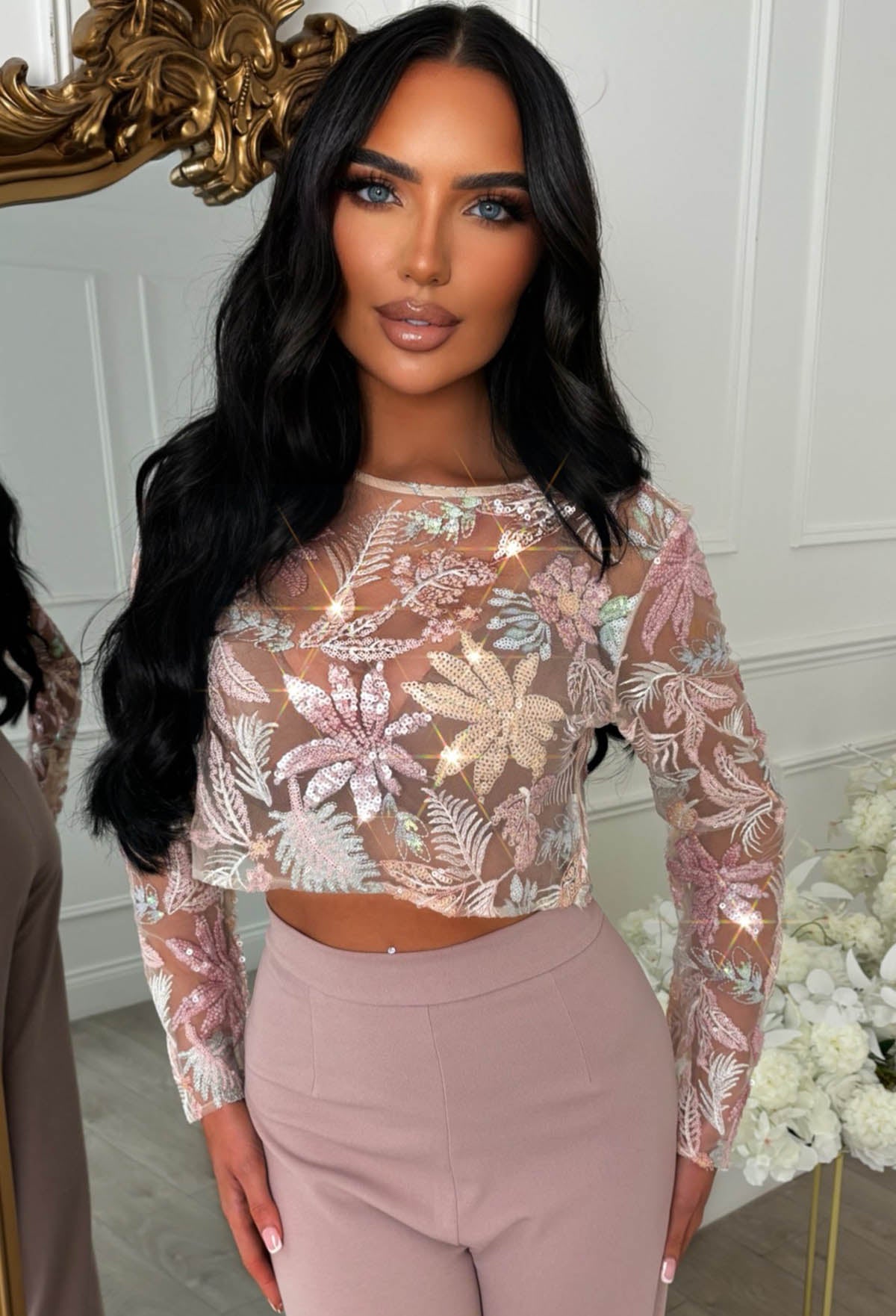 It Girl Season Pink Floral Mesh Sequin Top