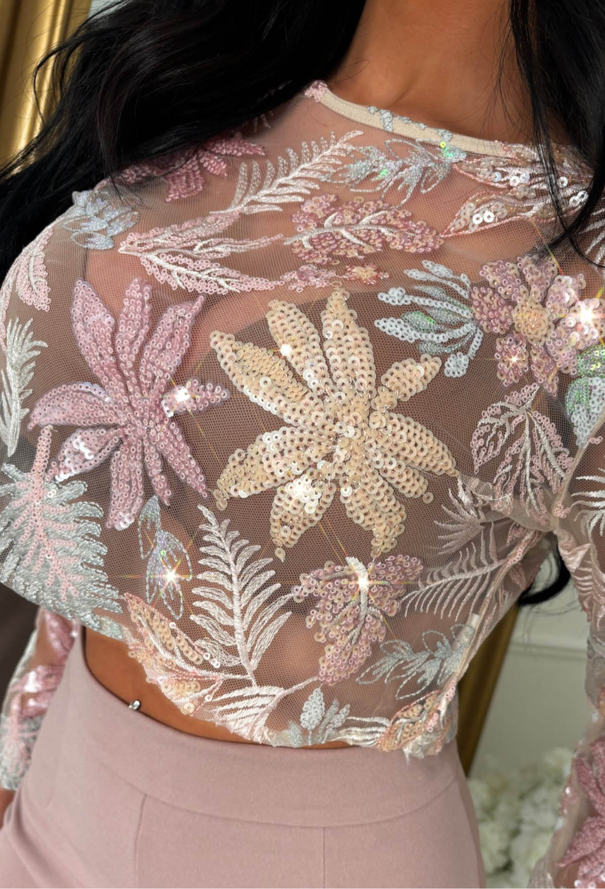 It Girl Season Pink Floral Mesh Sequin Top