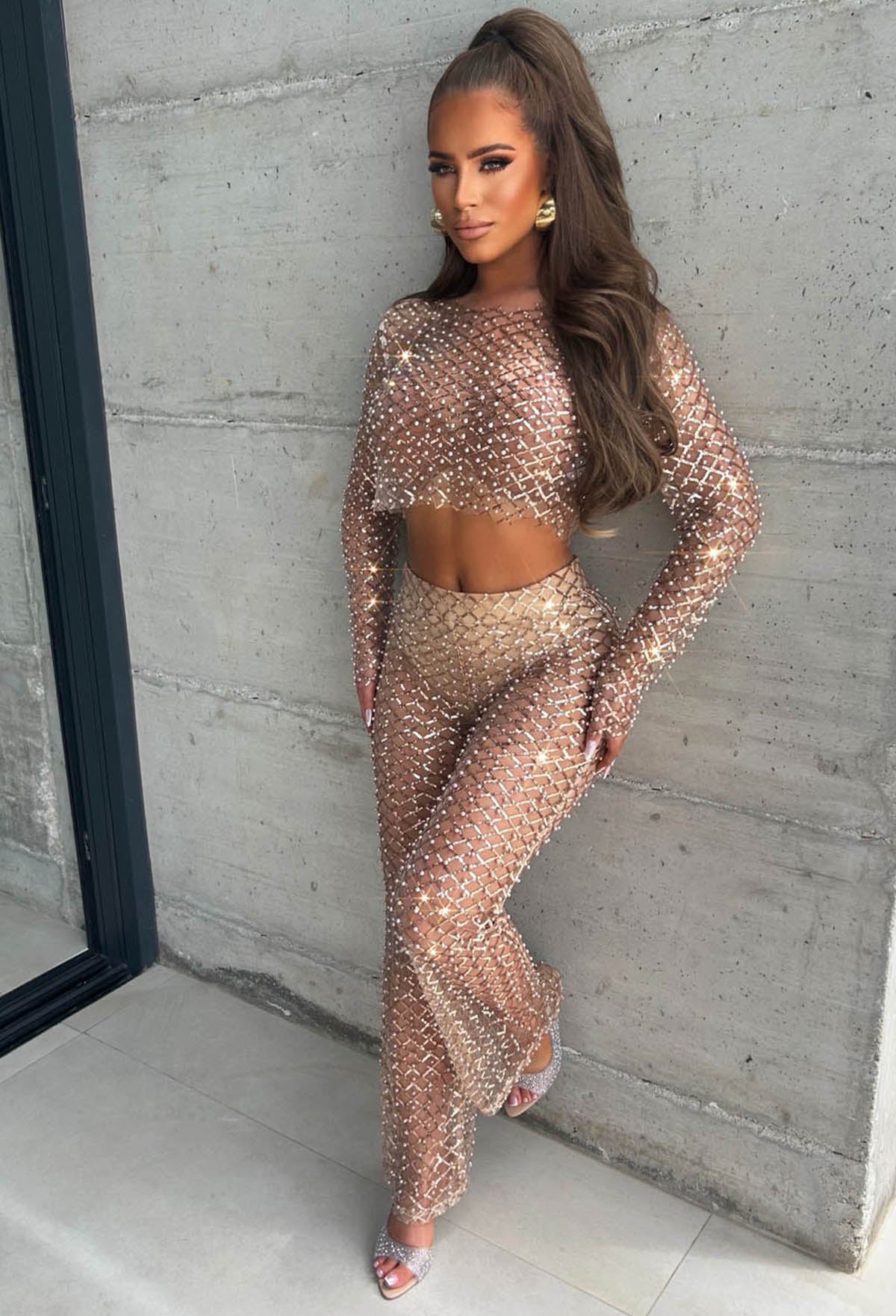 It Girl Season Rose Gold Sequin Pearl Mesh Top