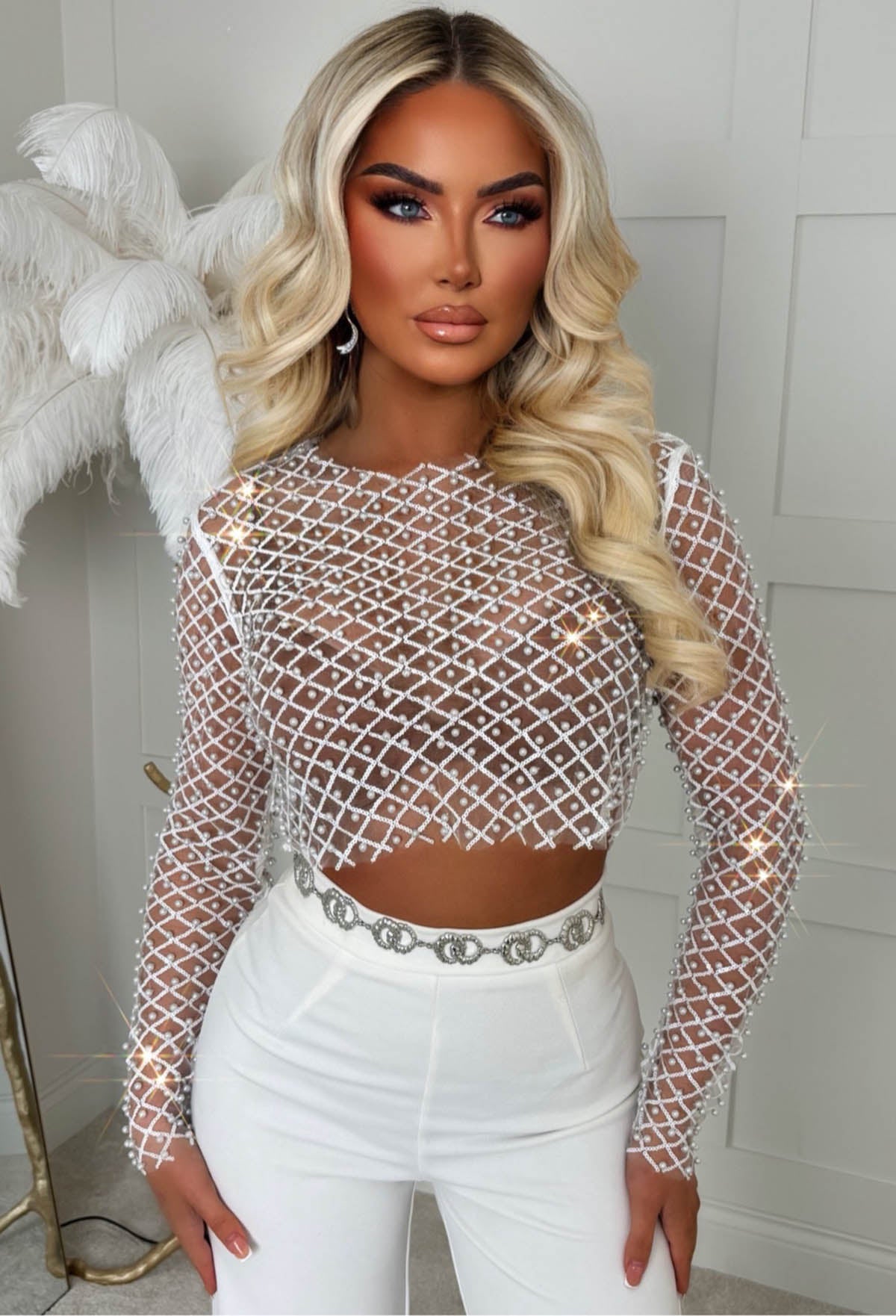 It Girl Season White Sequin Pearl Mesh Top