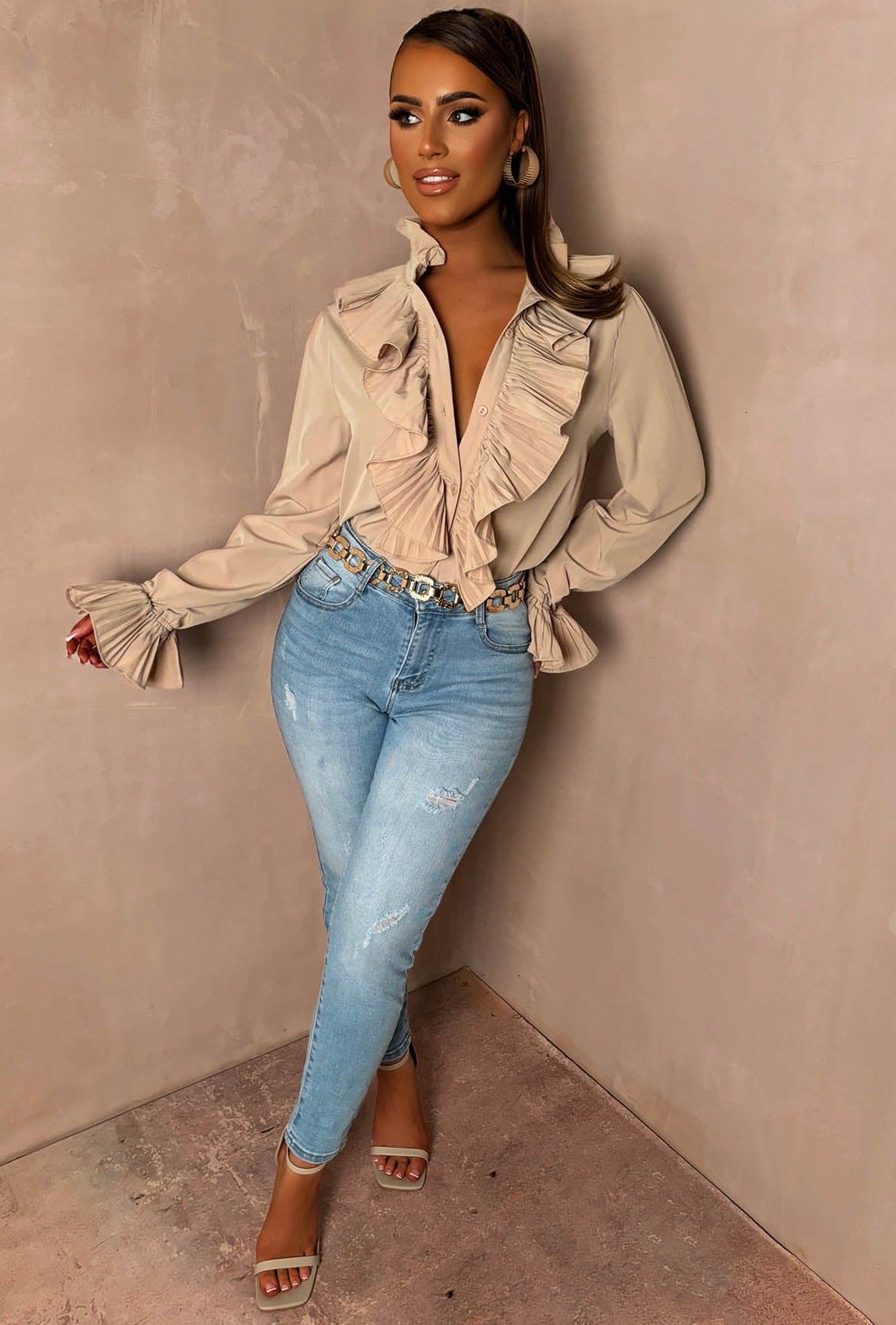 It Girl Stone Button Up Frill Blouse