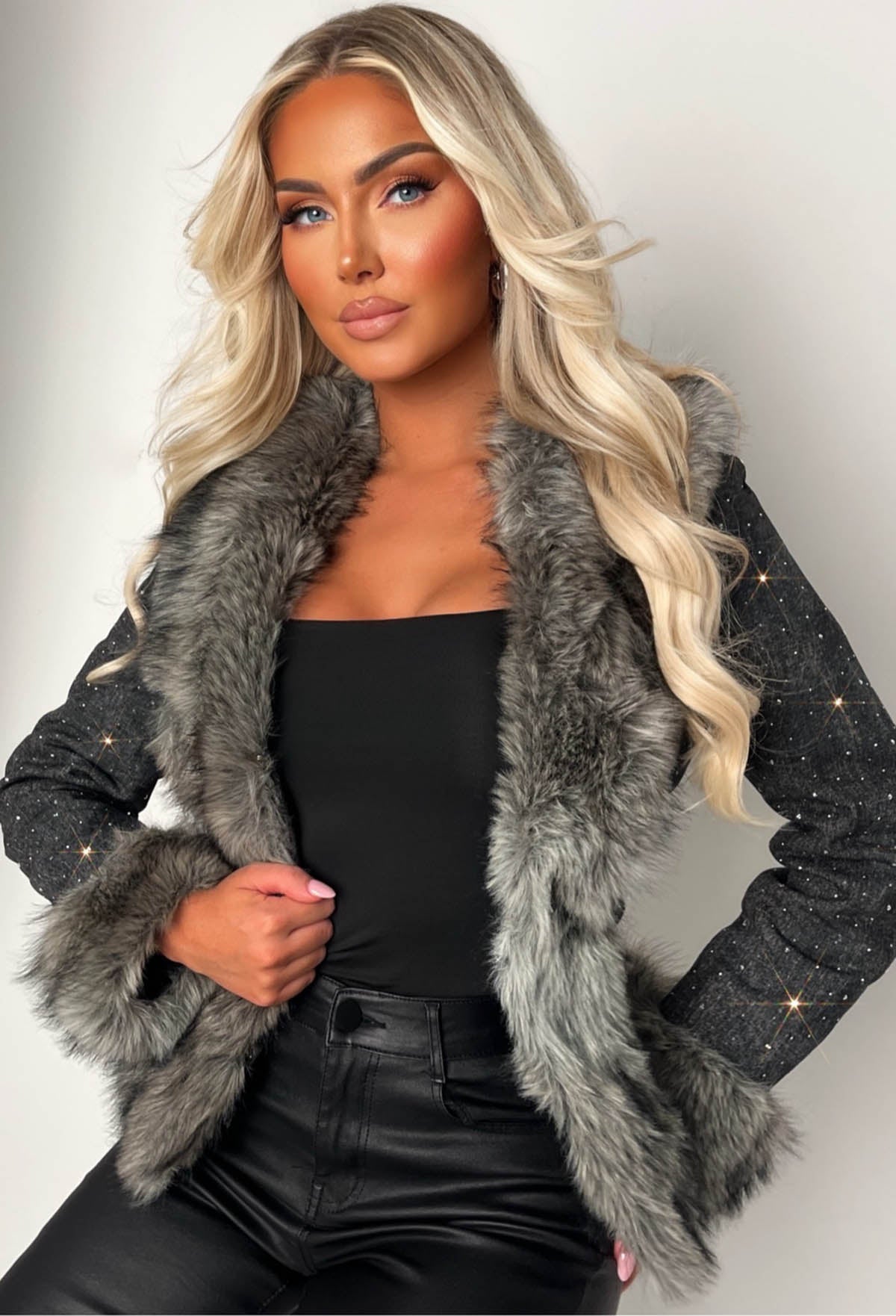 It's A Scandal Grey Denim & Faux Fur Belted Jacket