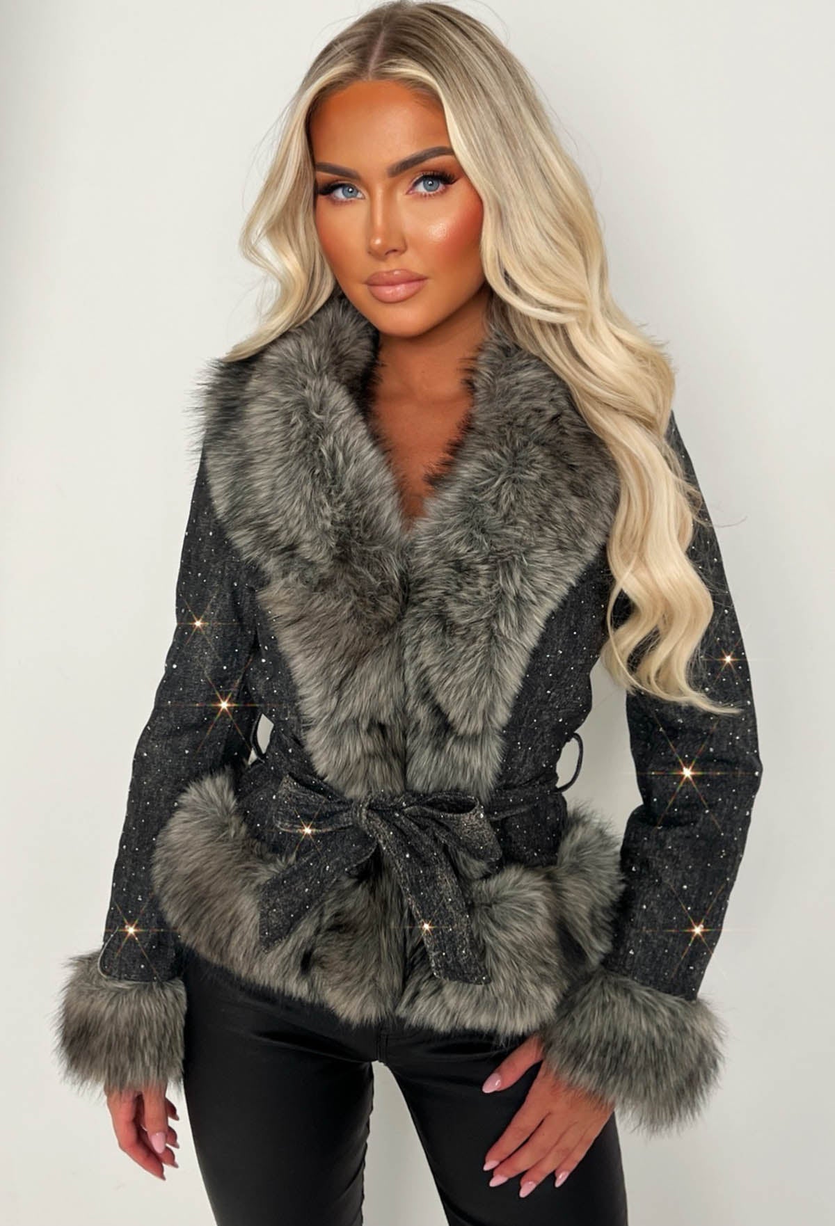It's A Scandal Grey Denim & Faux Fur Belted Jacket