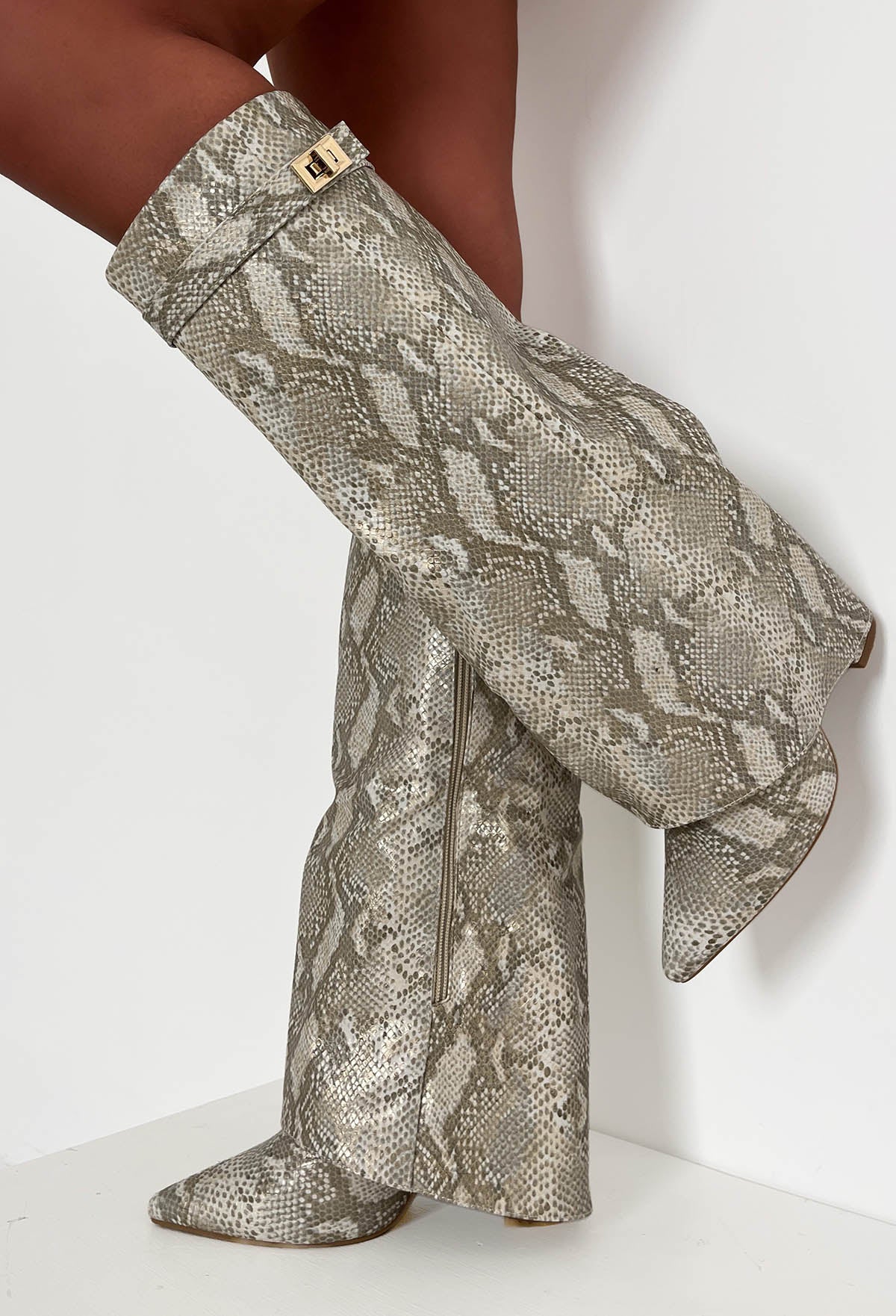 It's A Secret Nude Snake Print Fold Over Knee High Lock Shark Boots
