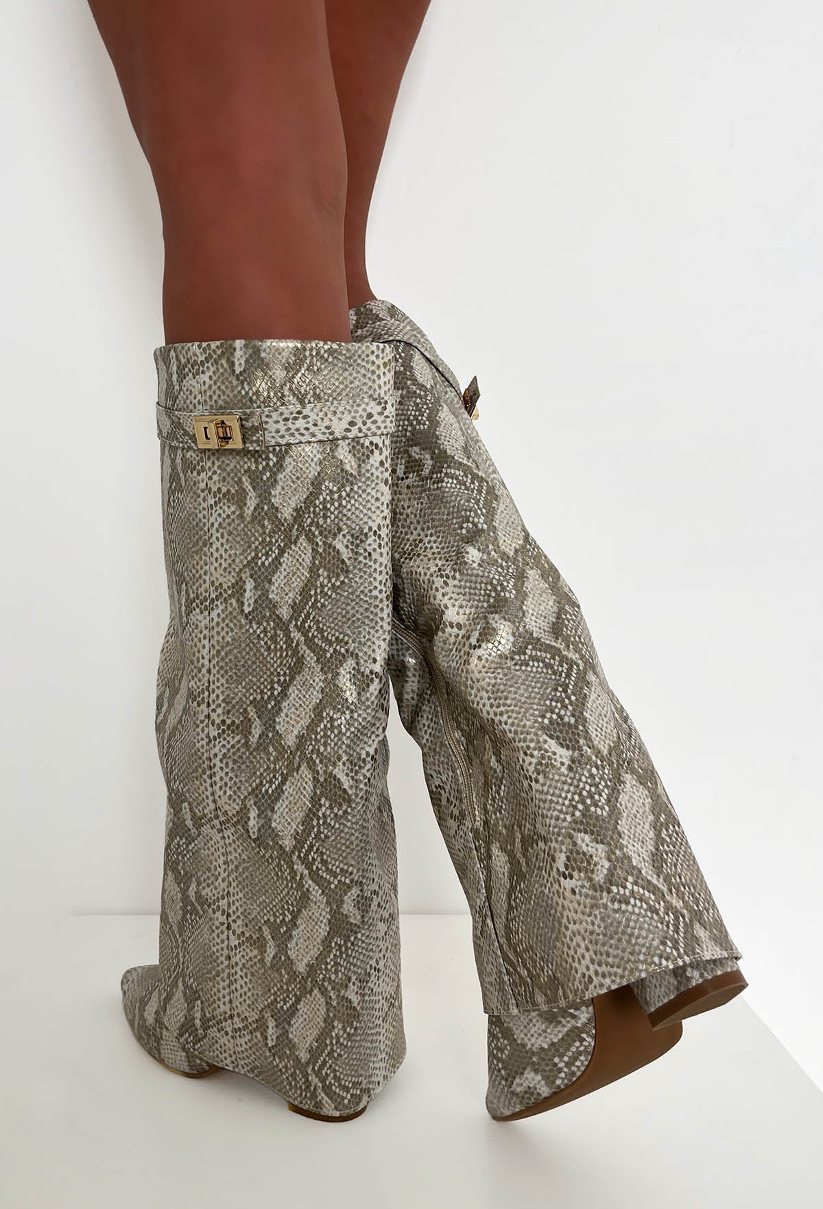 It's A Secret Nude Snake Print Fold Over Knee High Lock Shark Boots