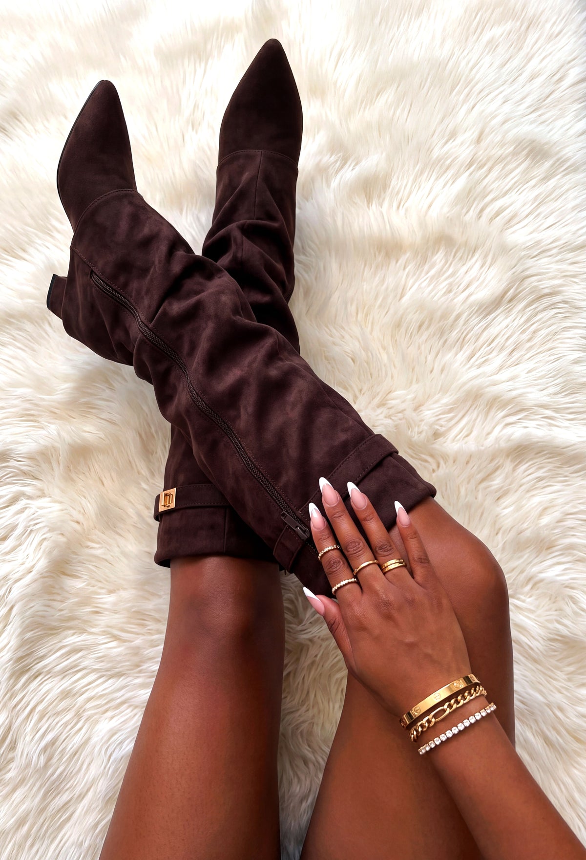 Brown faux suede fold over maxi boot with pointed toe, slouchy shaft and gold lock detail at the top.