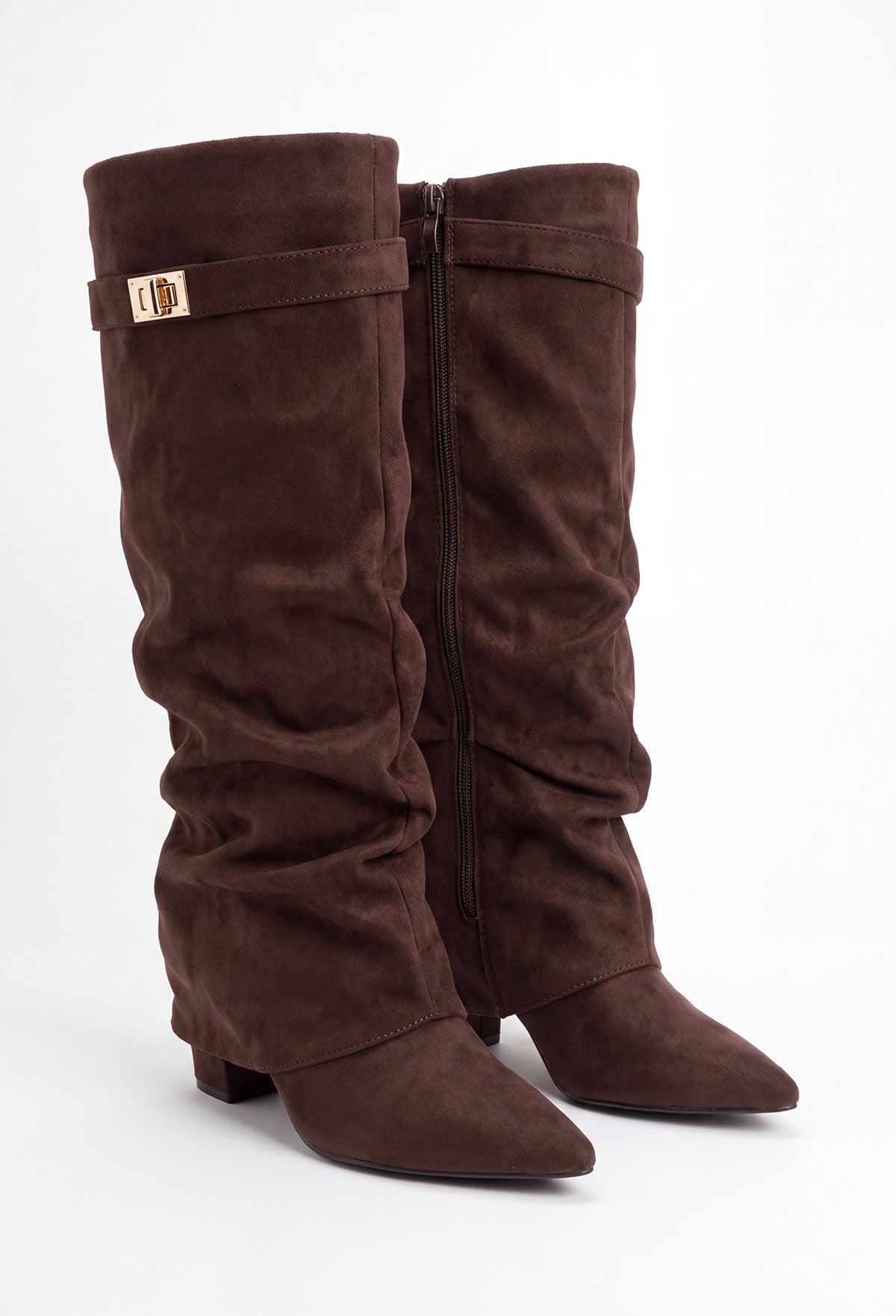 Brown faux suede fold over maxi boot with pointed toe, slouchy shaft and gold lock detail at the top.