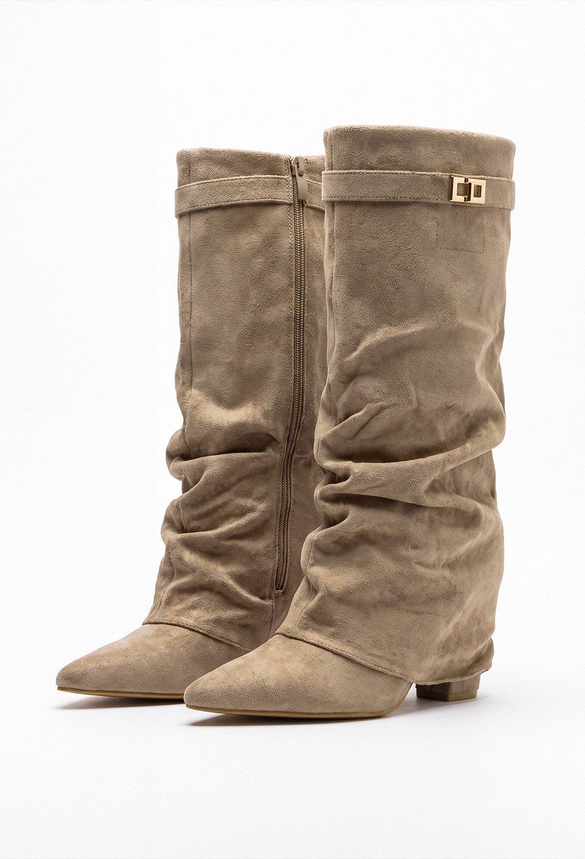 Taupe faux suede fold over maxi lock shark boot with pointed toe and gold buckle detail at the top.