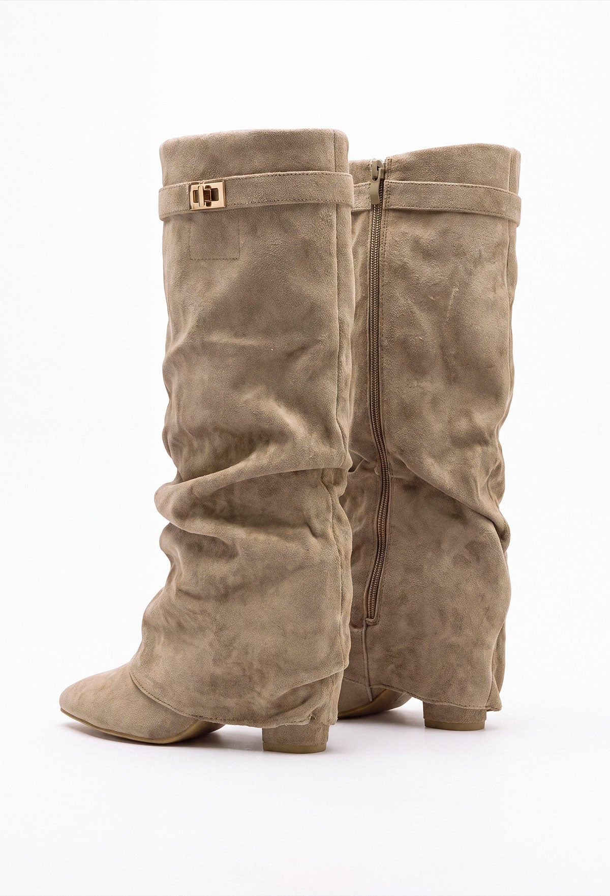 Taupe faux suede fold over maxi lock shark boot with pointed toe and gold buckle detail at the top.