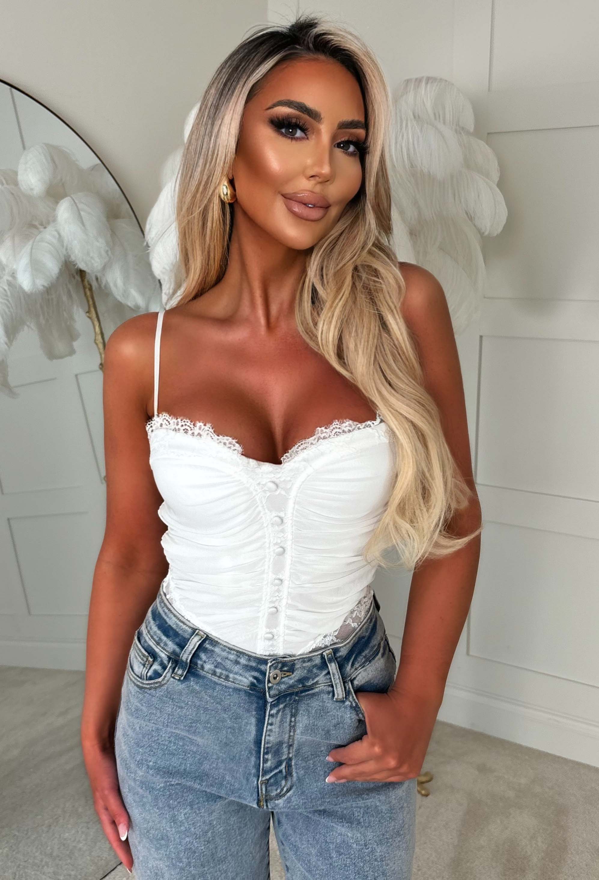 Jennie White Lace Ruched Bodysuit | Pink Boutique Jennie White Lace Ruched Bodysuit | Pink Boutique