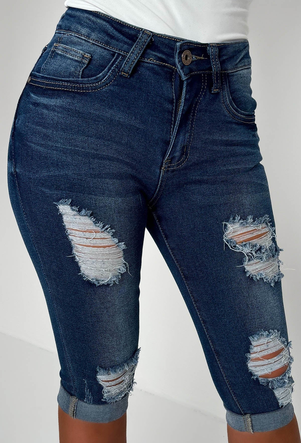 Jodie Mid Wash Stretch Ripped Denim Capri Pants With Turn Up's