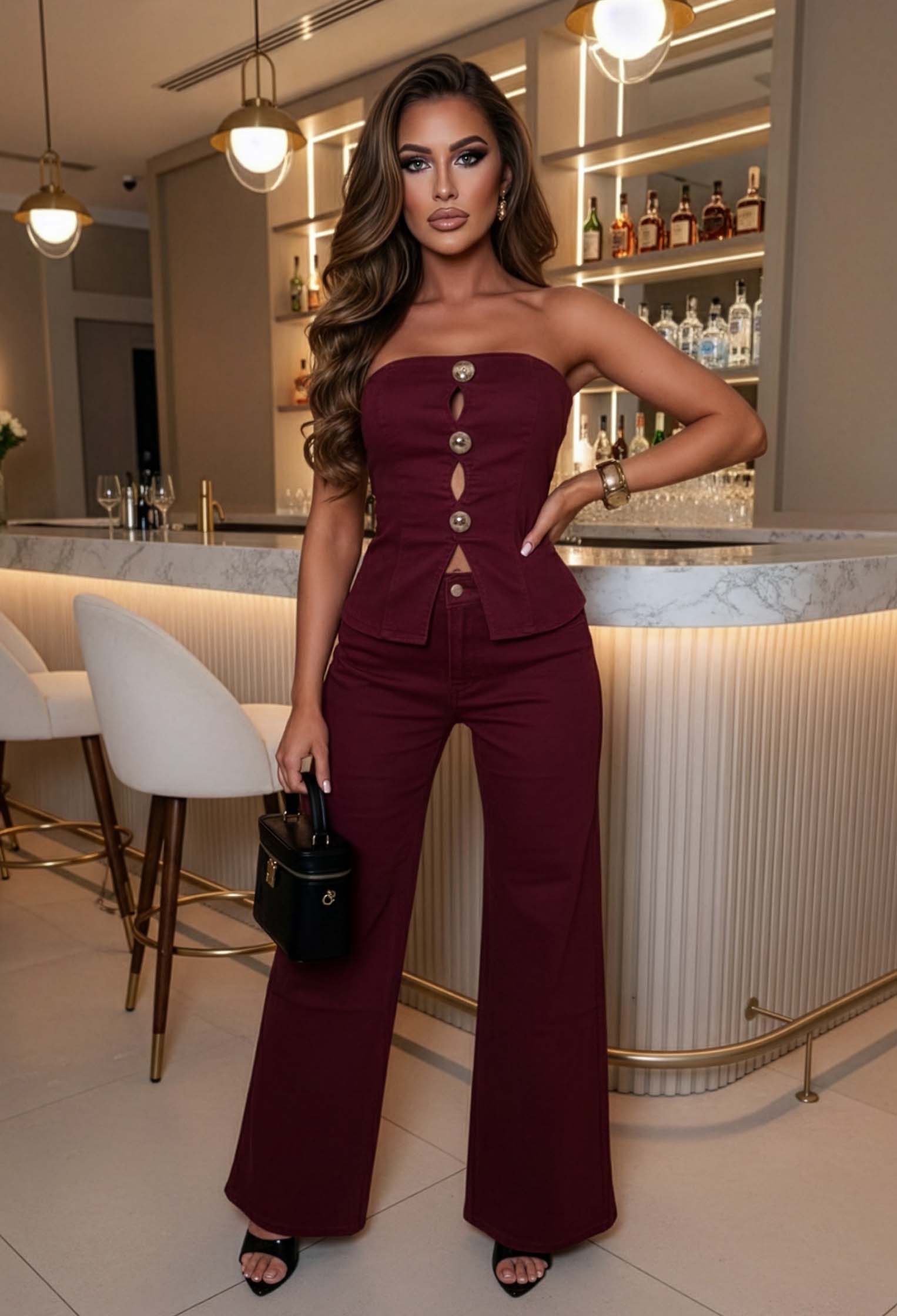 Just As Cool Burgundy Stretch Denim Jeans & Bandeau Co-Ord Set