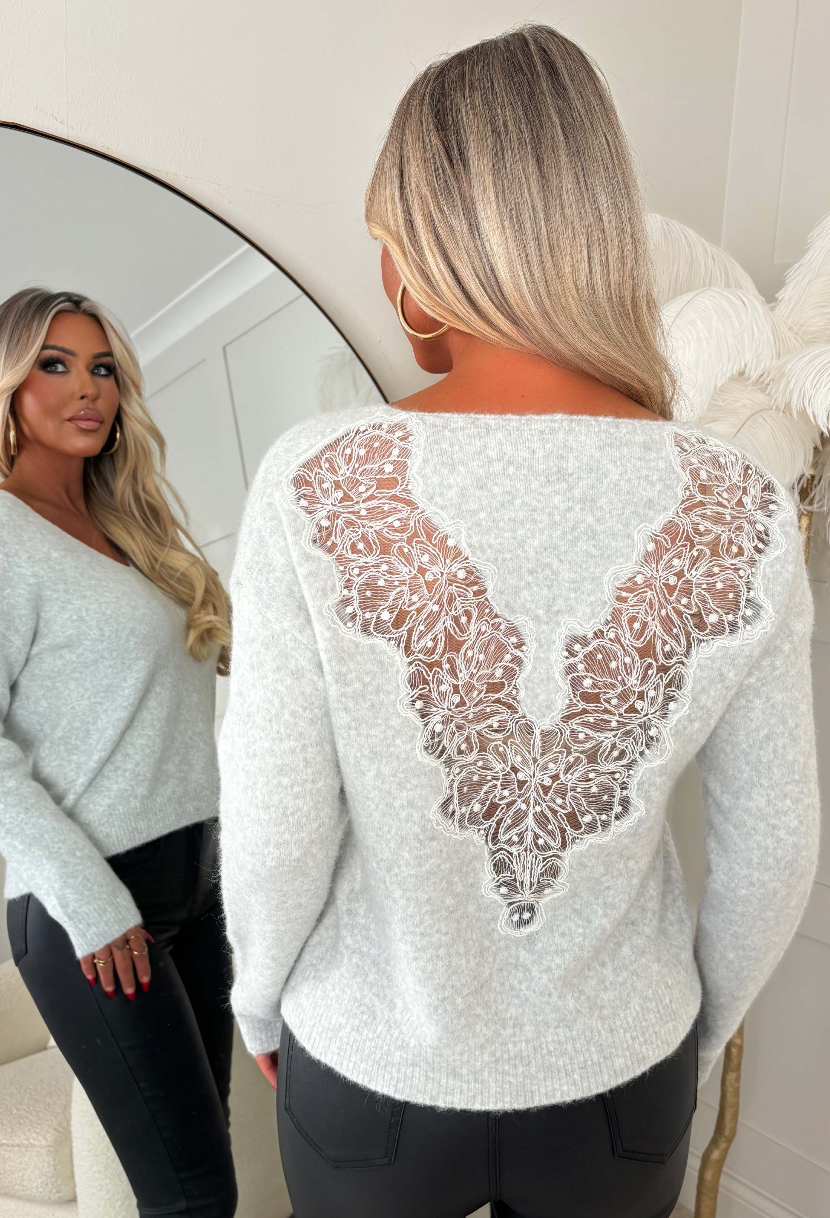 Just So Chic Grey Lace Back V Neck Jumper