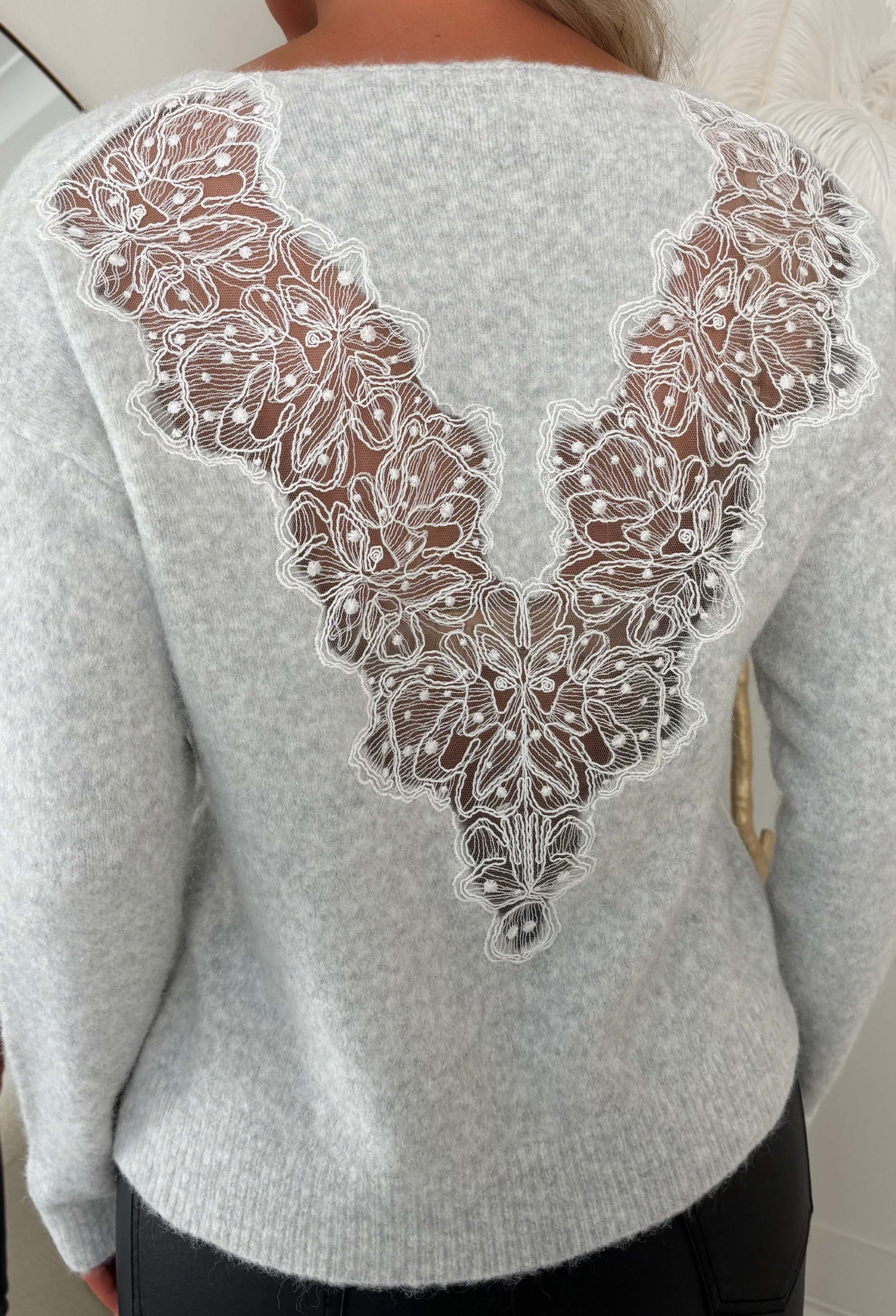Just So Chic Grey Lace Back V Neck Jumper
