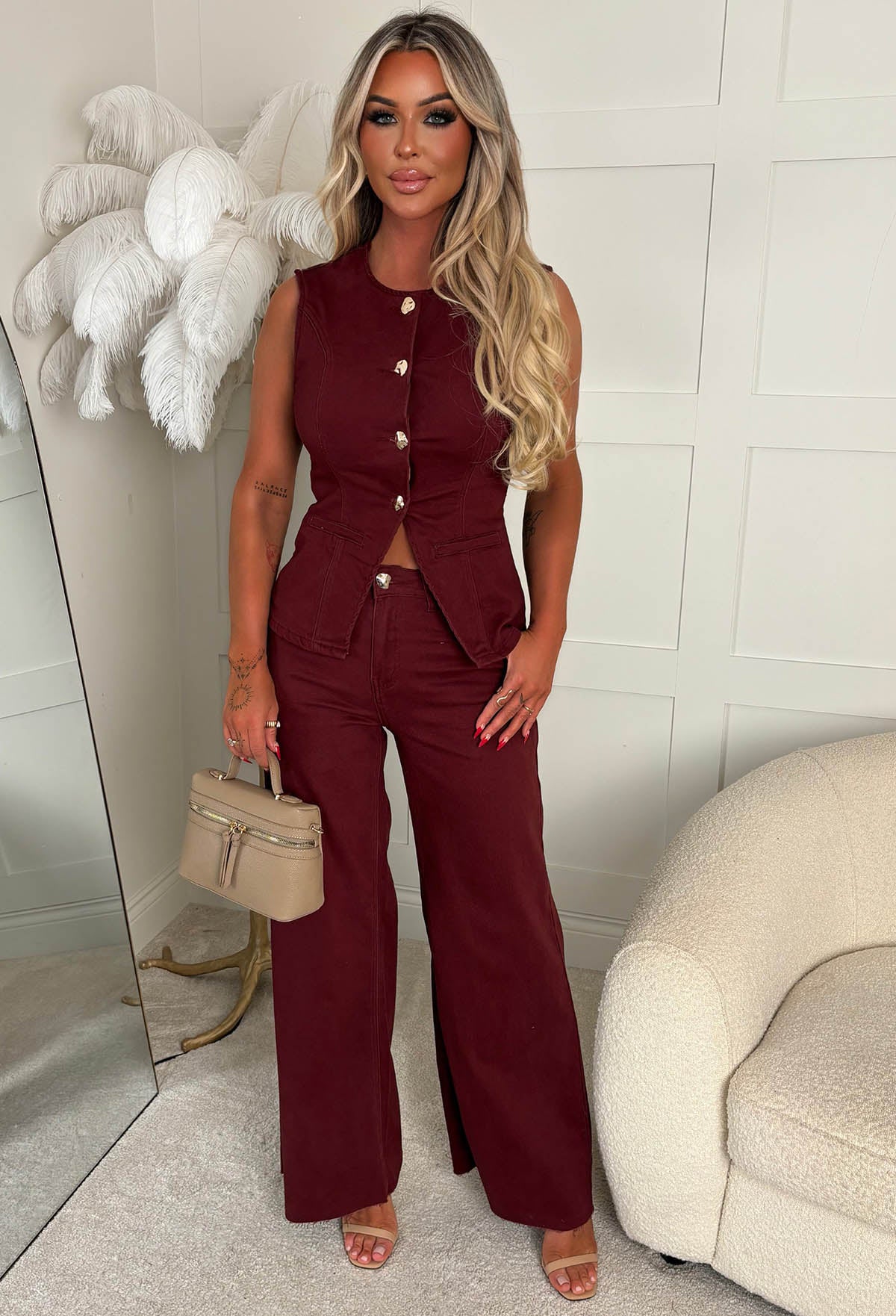 Just Too Cool Burgundy Stretch Denim Jeans & Waistcoat Co-ord Set