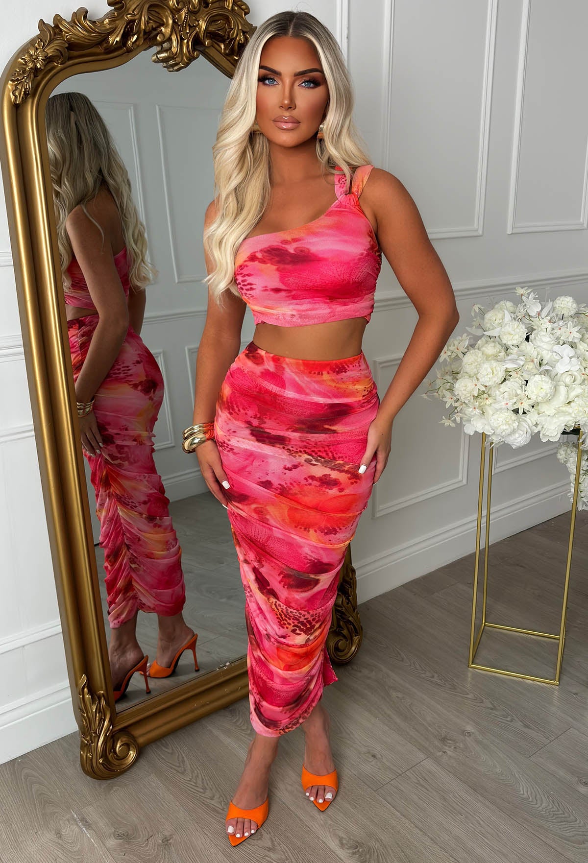 Kailey Pink One Shoulder Ruched Mesh Co-ord Set