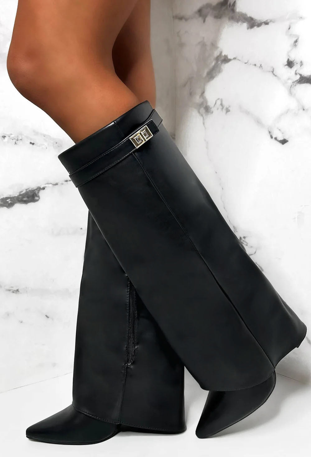 Keep It A Secret Black Faux Leather Fold Over Knee High Shark