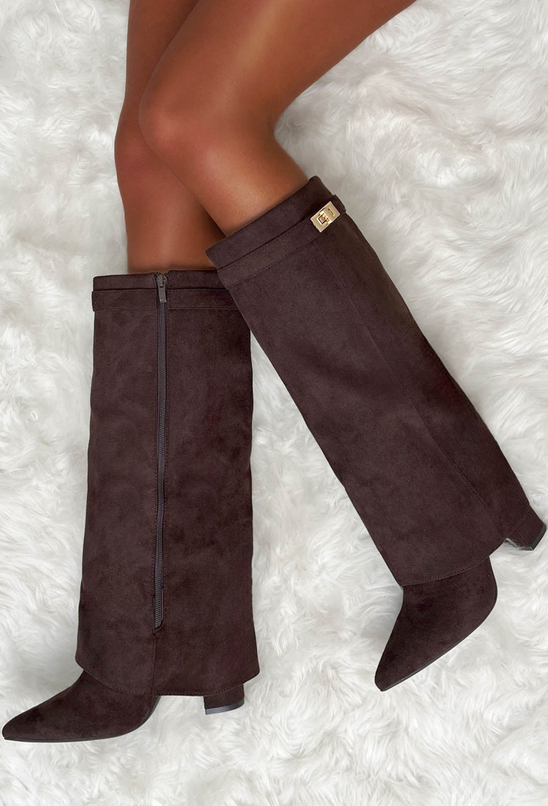 Keep It A Secret Brown Faux Suede Fold Over Knee High Lock Shark Boots