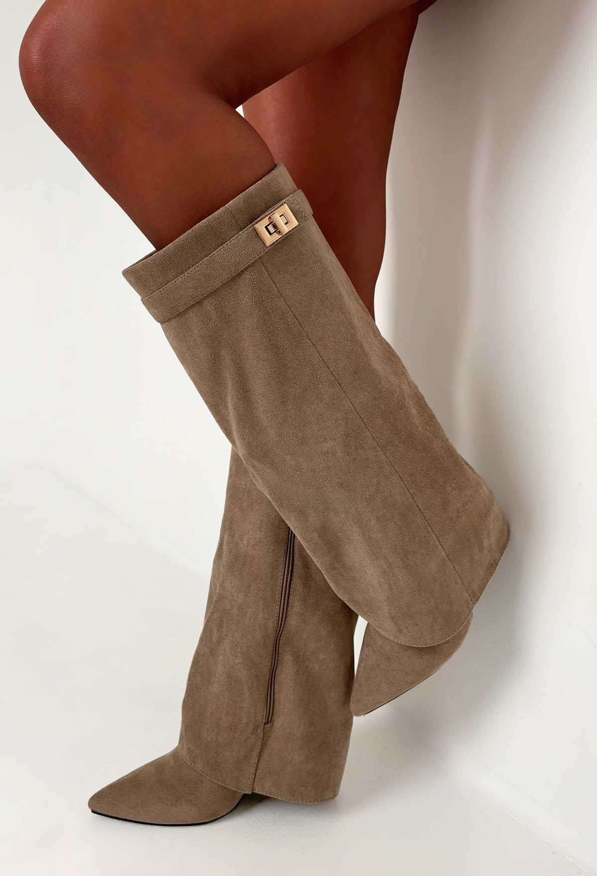 Keep It A Secret Taupe Faux Suede Fold Over Knee High Lock Shark Boots