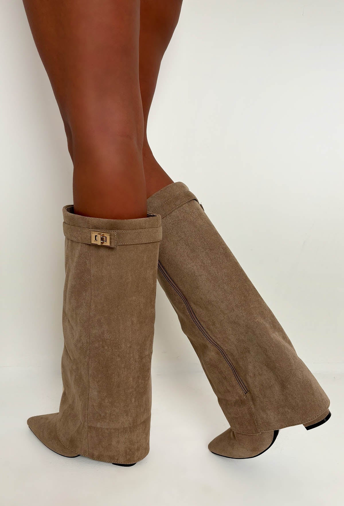 Keep It A Secret Taupe Faux Suede Fold Over Knee High Lock Shark Boots