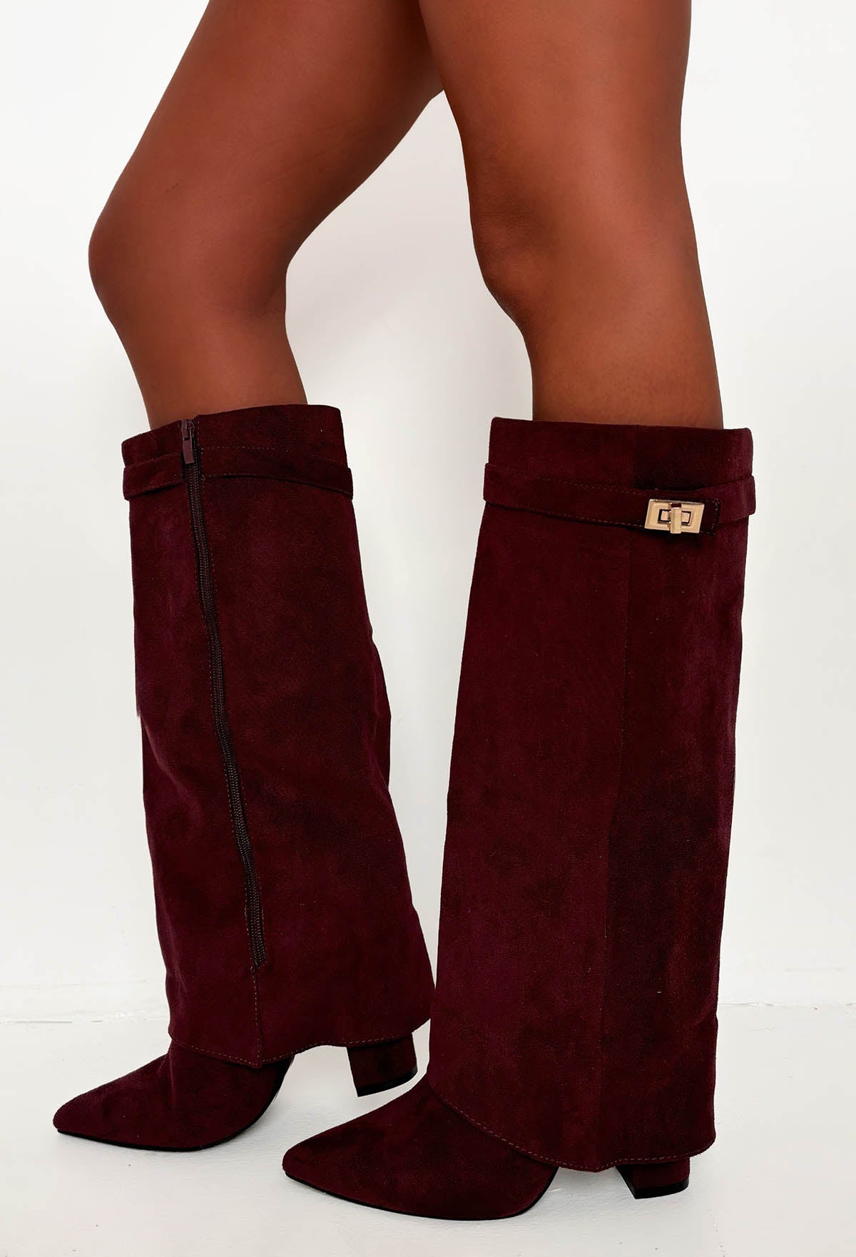 Keep It A Secret Wine Faux Suede Fold Over Knee High Lock Shark Boots