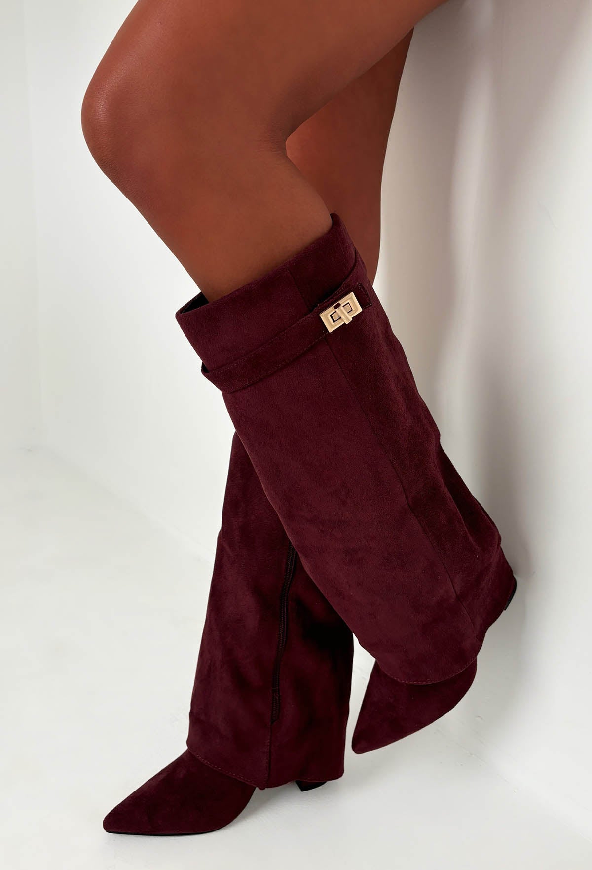 Keep It A Secret Wine Faux Suede Fold Over Knee High Lock Shark Boots