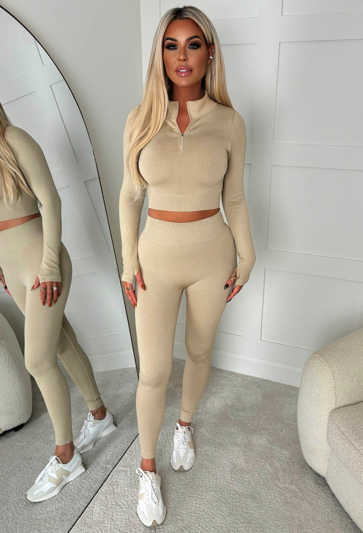 Keep It Cool Beige Half Zip Up Top And Leggings Active Set