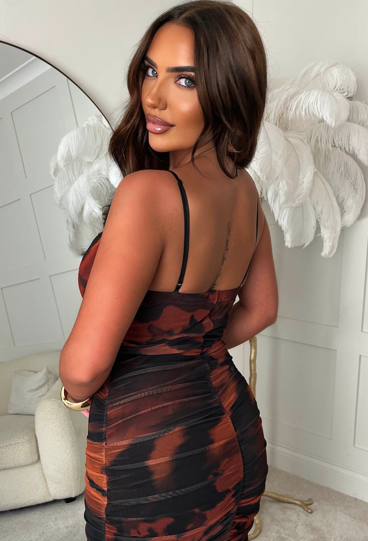 Kenya Black Printed Cowl Neck Mesh Cami Midi Dress