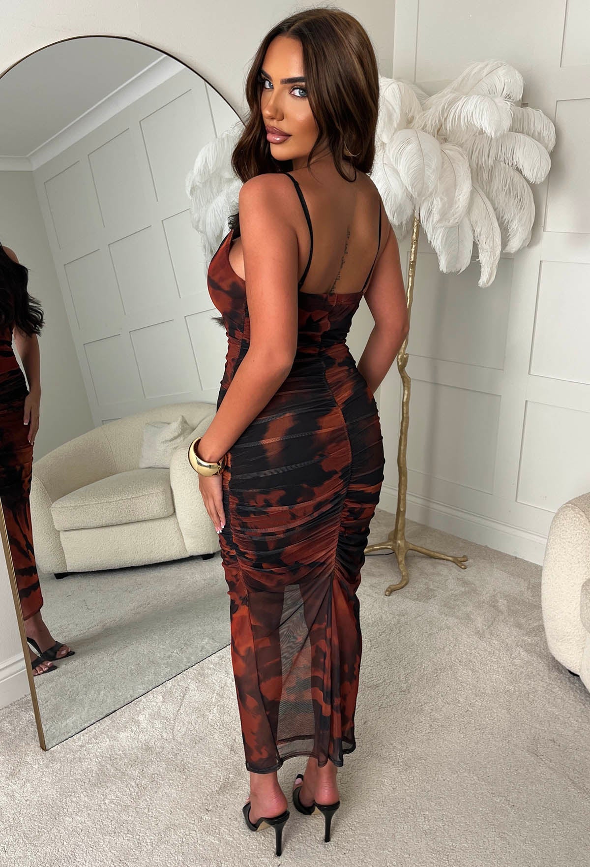 Kenya Black Printed Cowl Neck Mesh Cami Midi Dress