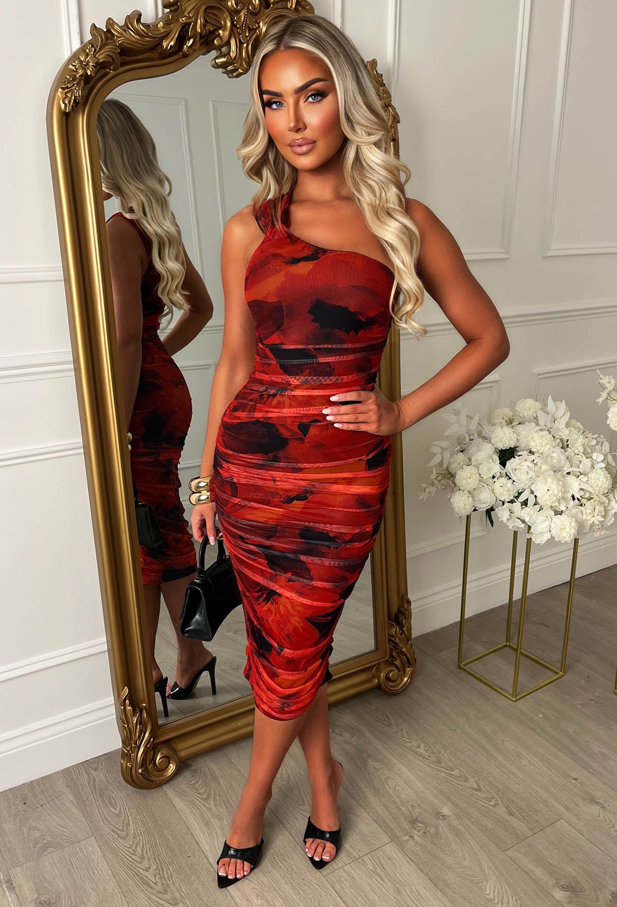 Kenzie Orange Abstract One Shoulder Ruched Dress