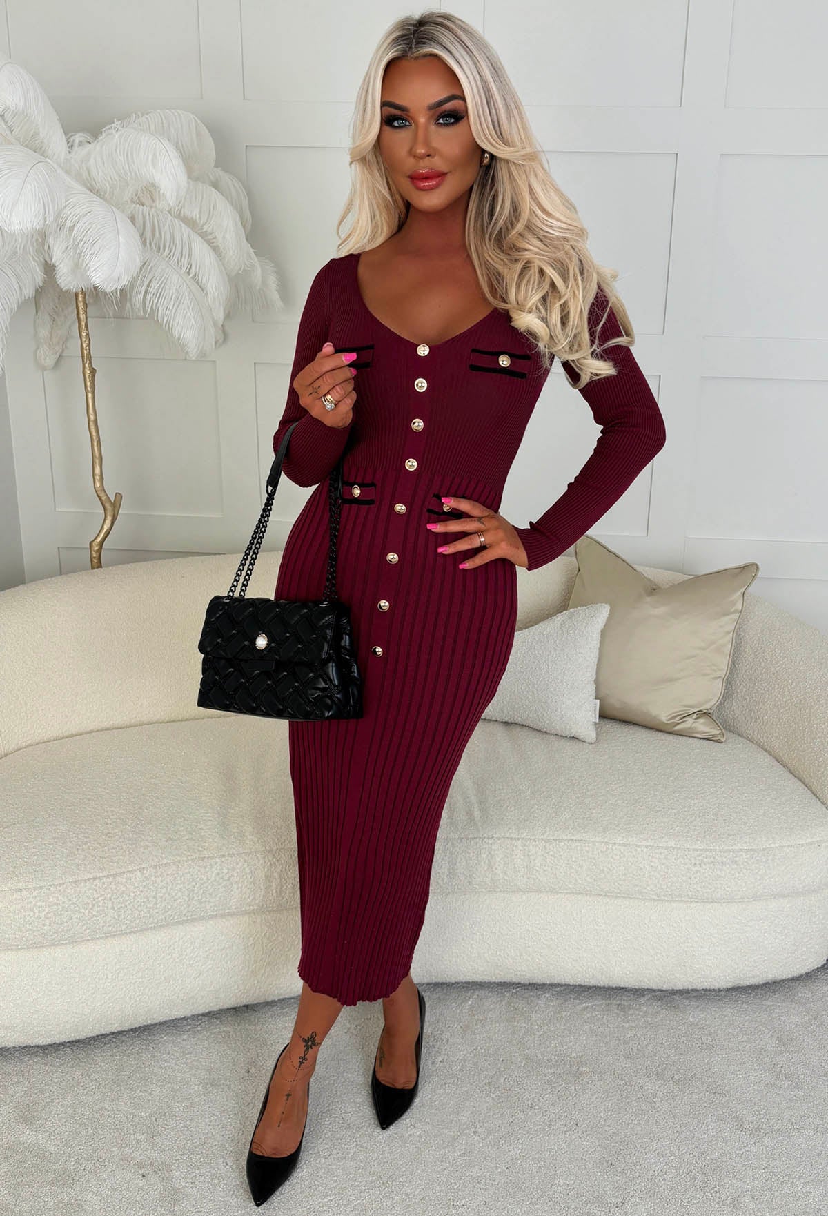 Kimmy Wine Rib Knit Button Detail Midi Dress | Pink Boutique Kimmy Wine Rib Knit Button Detail Midi Dress | Pink Boutique