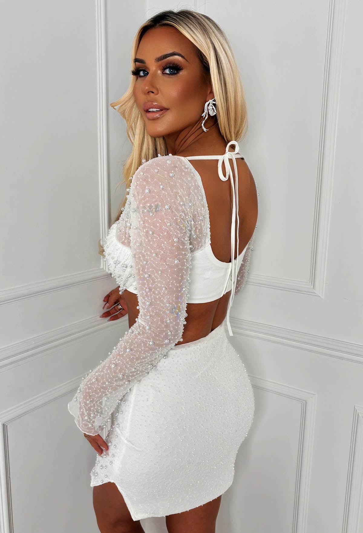 Kira White Pearl Embellished Crop Top & Skirt Co-Ord Set