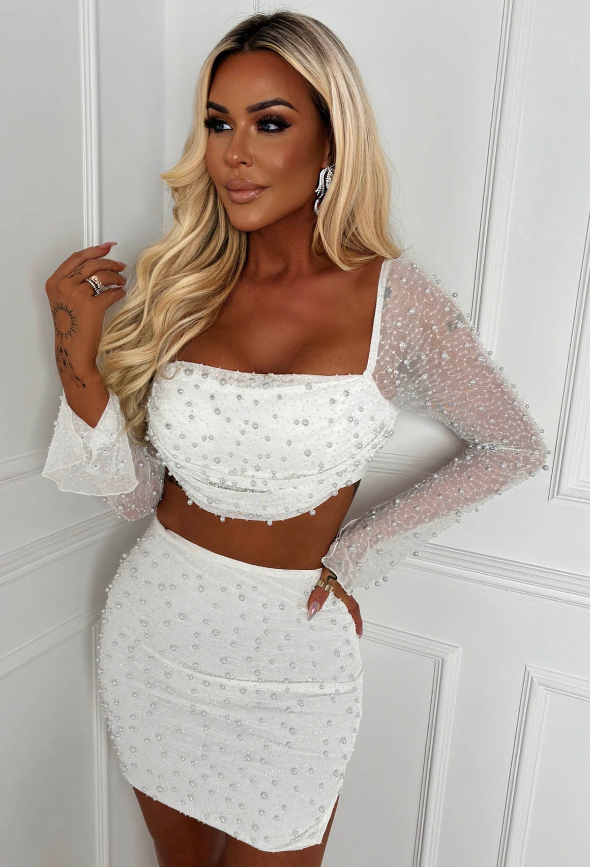 Kira White Pearl Embellished Crop Top & Skirt Co-Ord Set