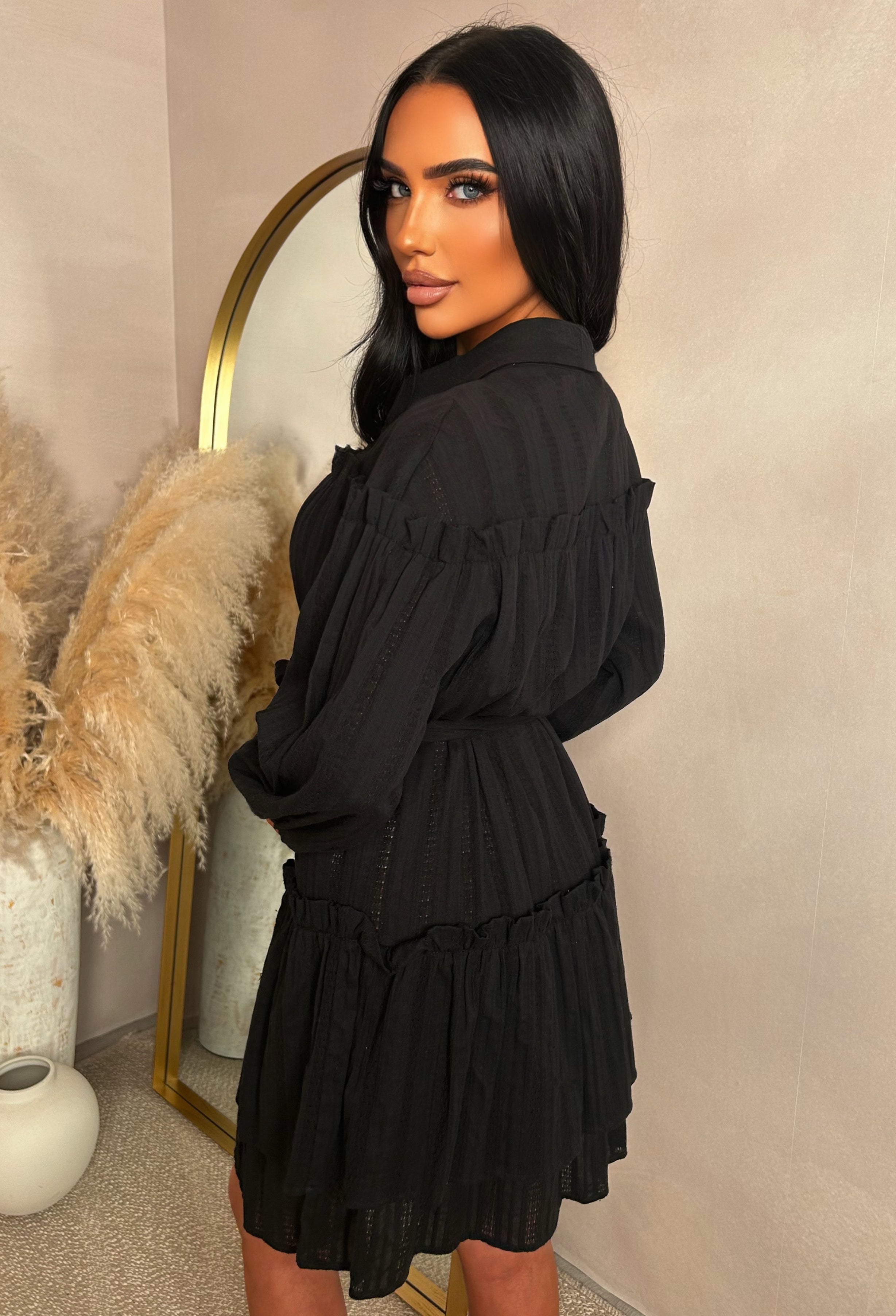 Kiss Me Sweetheart Black Ruffle Mini Dress With Tied Bow