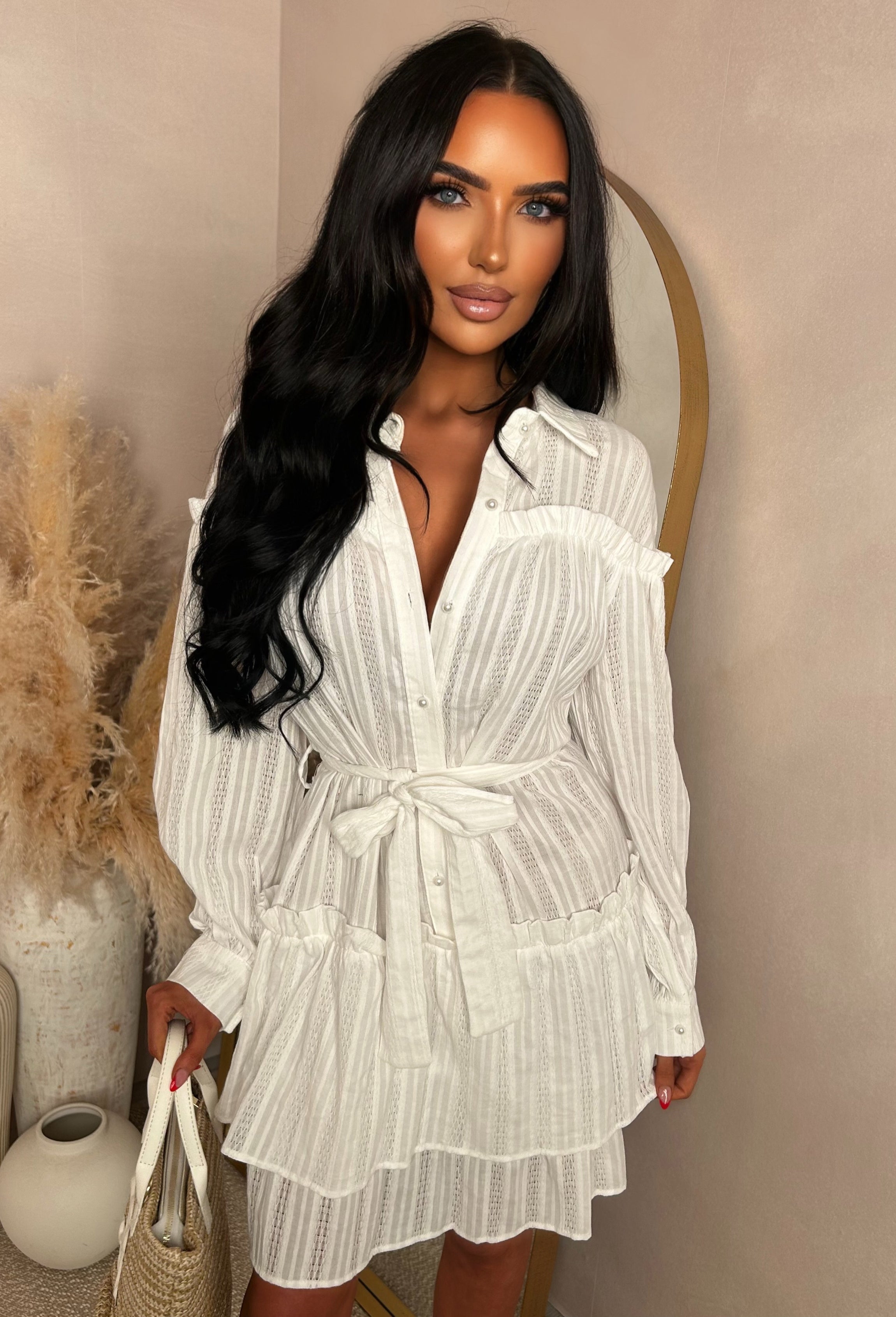 Kiss Me Sweetheart White Ruffle Mini Dress With Tied Bow