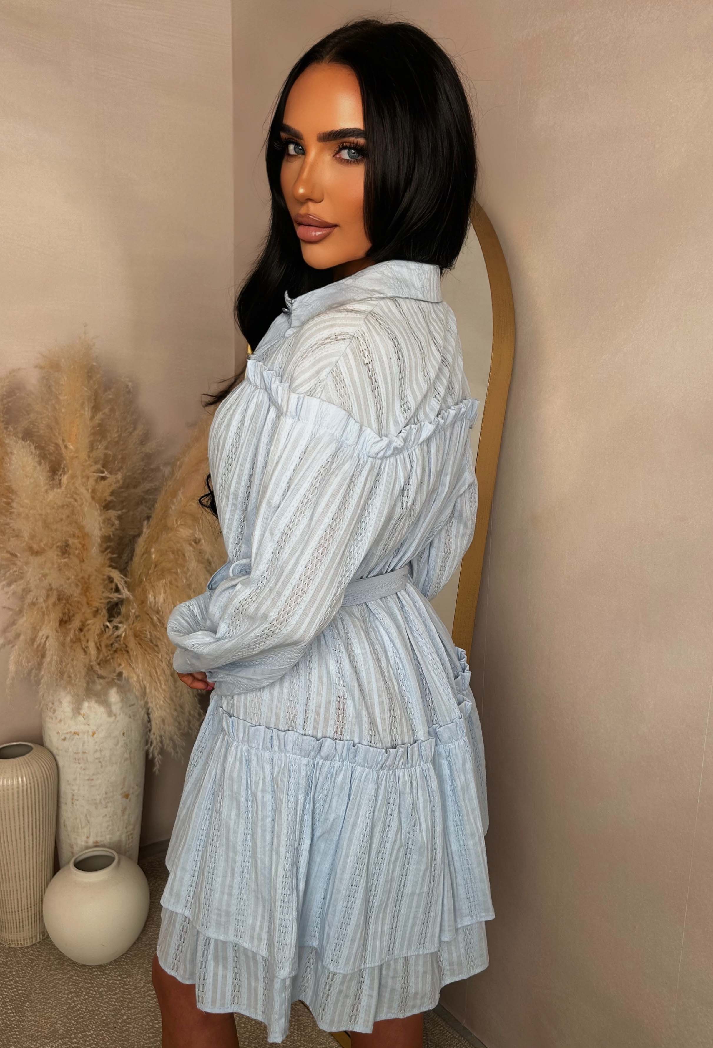 Kiss Me Sweetheart Blue Ruffle Mini Dress With Tied Bow