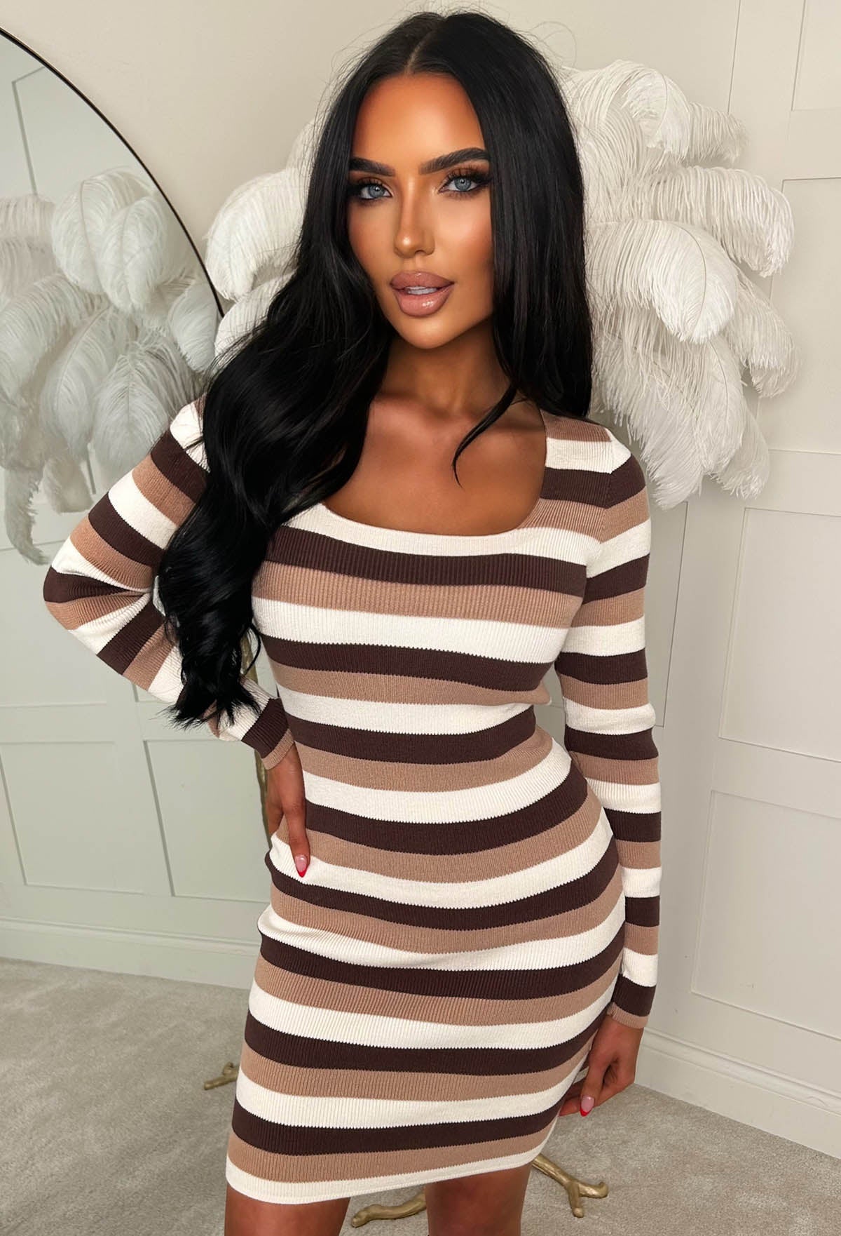 Knitted Temptation Brown Stripe Square Neck Long Sleeve Mini Dress