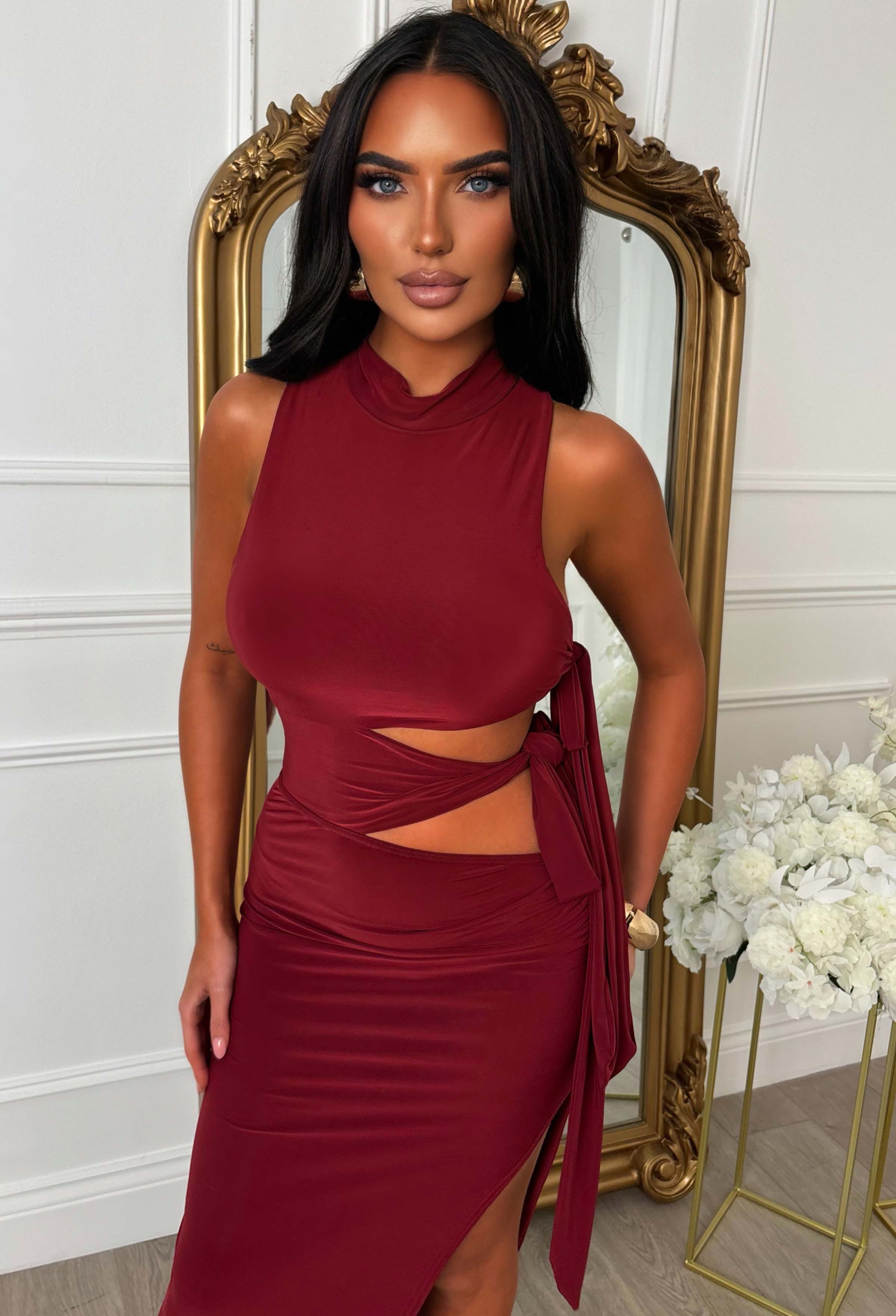 Knot So Fast Burgundy Side Tie High Neck Asymmetric Midi Dress