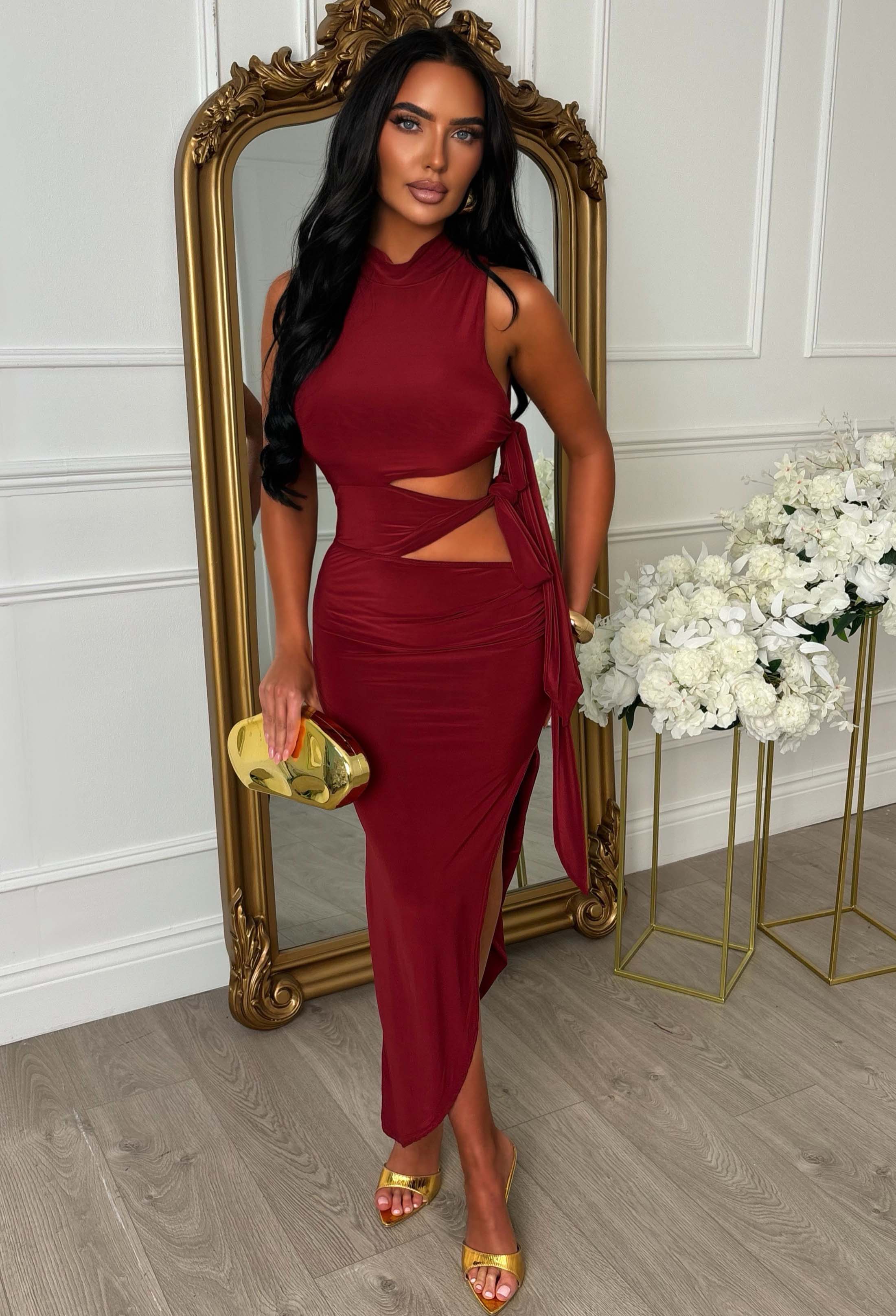 Knot So Fast Burgundy Side Tie High Neck Asymmetric Midi Dress