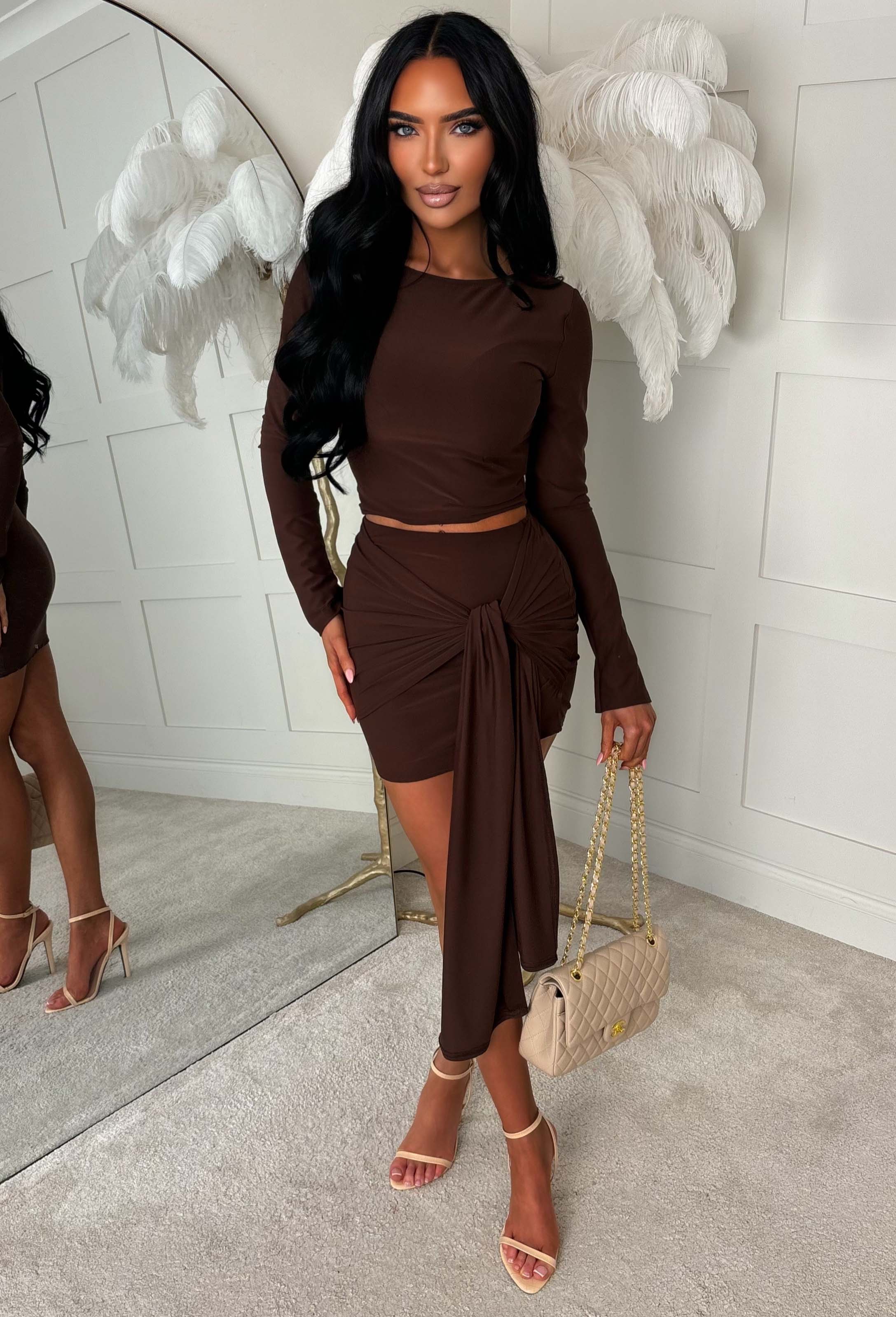 Knot Your Girl Chocolate Brown Knot Detail Mini Skirt Co-ord Set