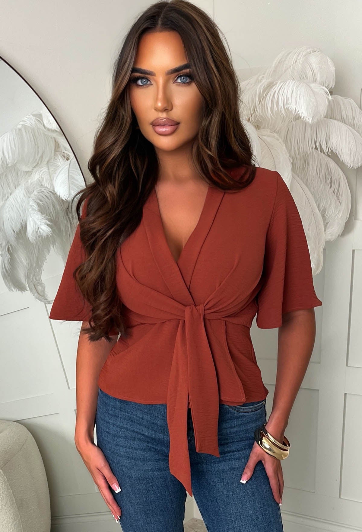 Knot Yours Terracotta Knot Front Short Sleeve Top