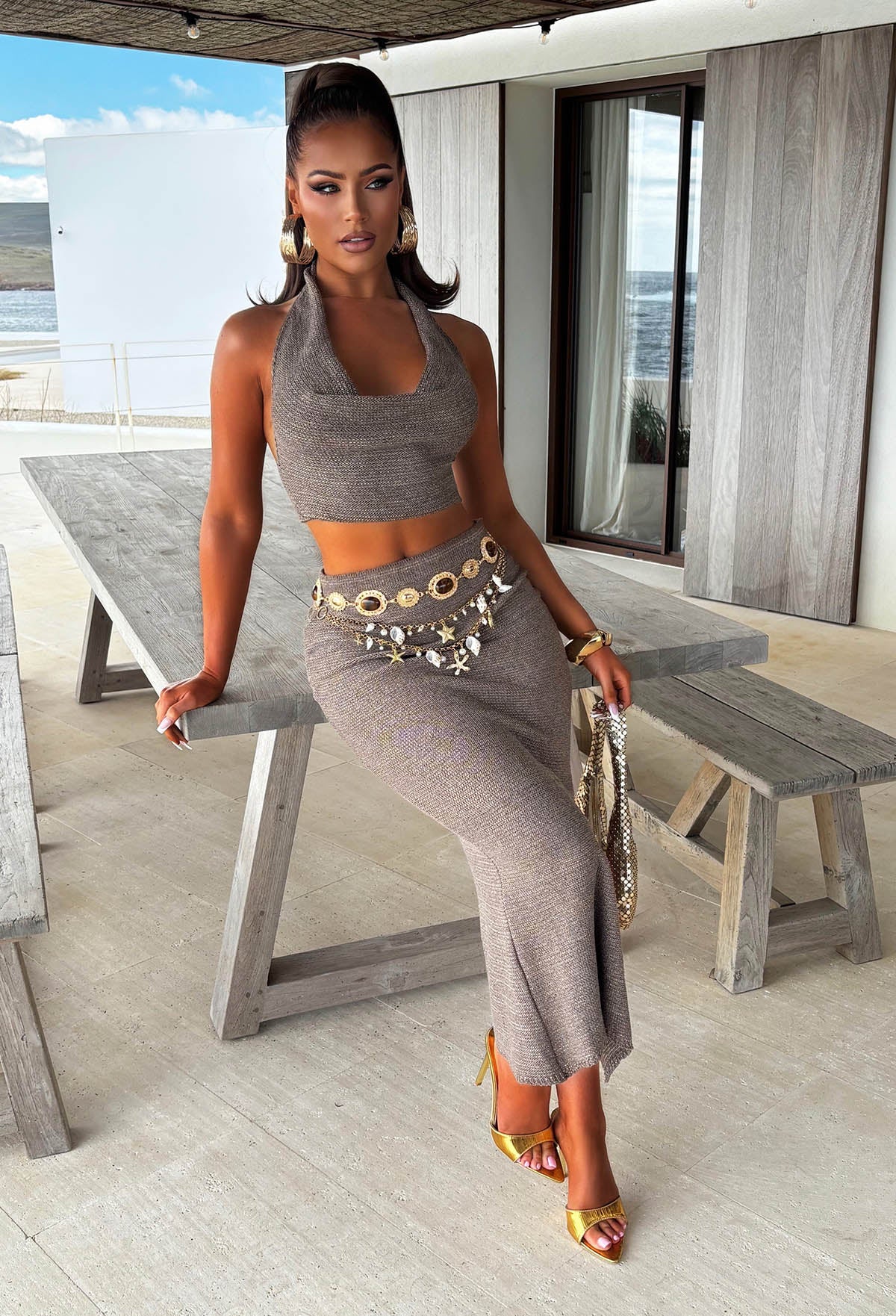 Knowing Me Mocha Deep Cowl Knitted Sequin Top