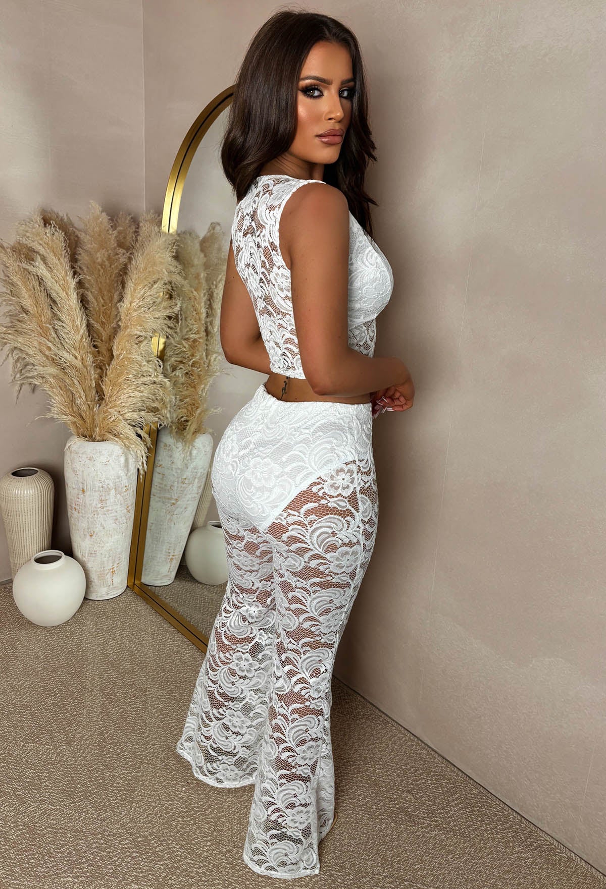 Lace Addiction White Lace Stretch Trouser Co-Ord Set